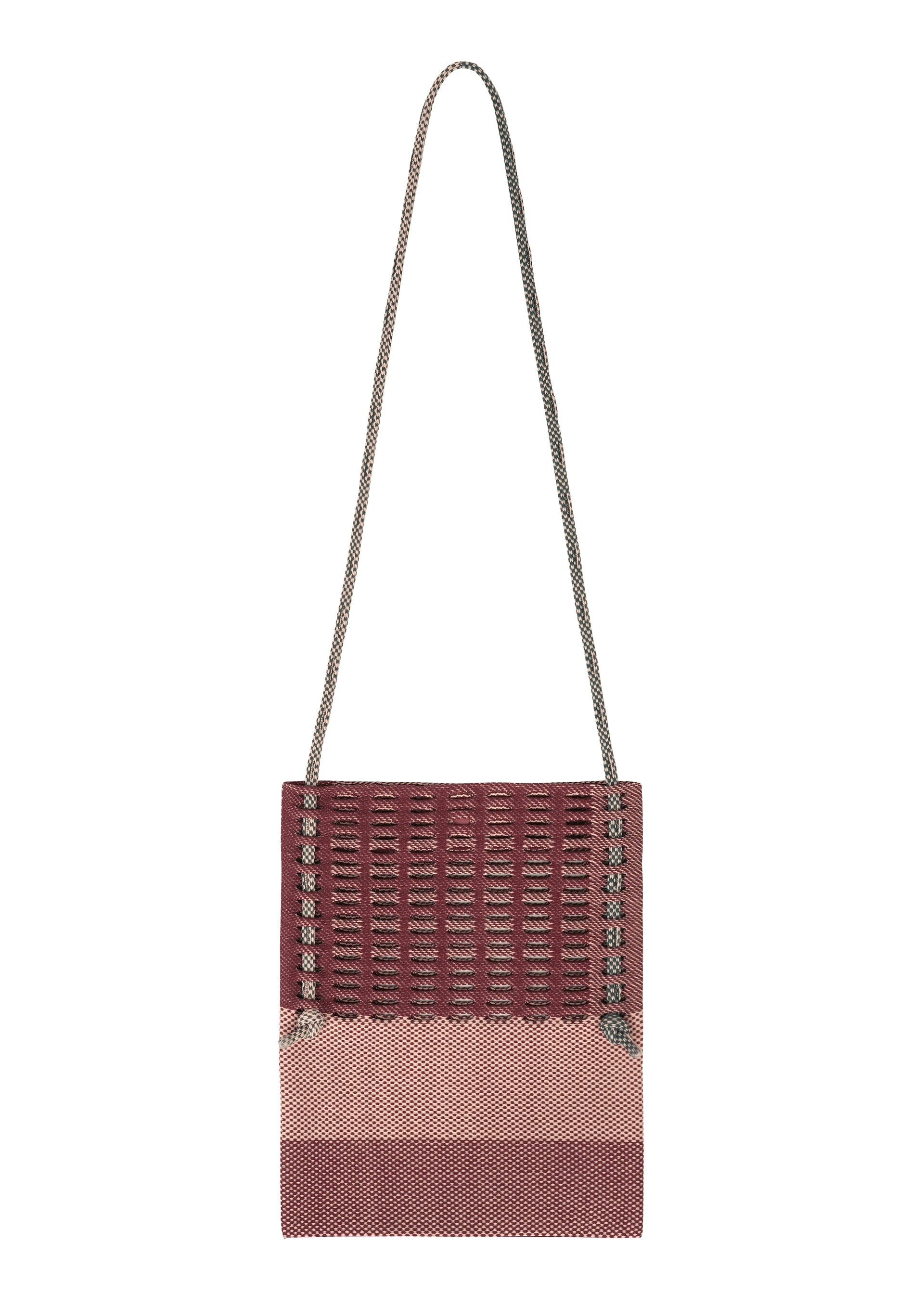 Zoomed view The MOKKO KNOT by GOOD GOODS ISSEY MIYAKE is a square knit shoulder bag with a long thin strap, showcasing a burgundy-beige gradient and a lattice-like MOKKO slit pattern on the upper half. - BURGUNDY MIX （no.86）