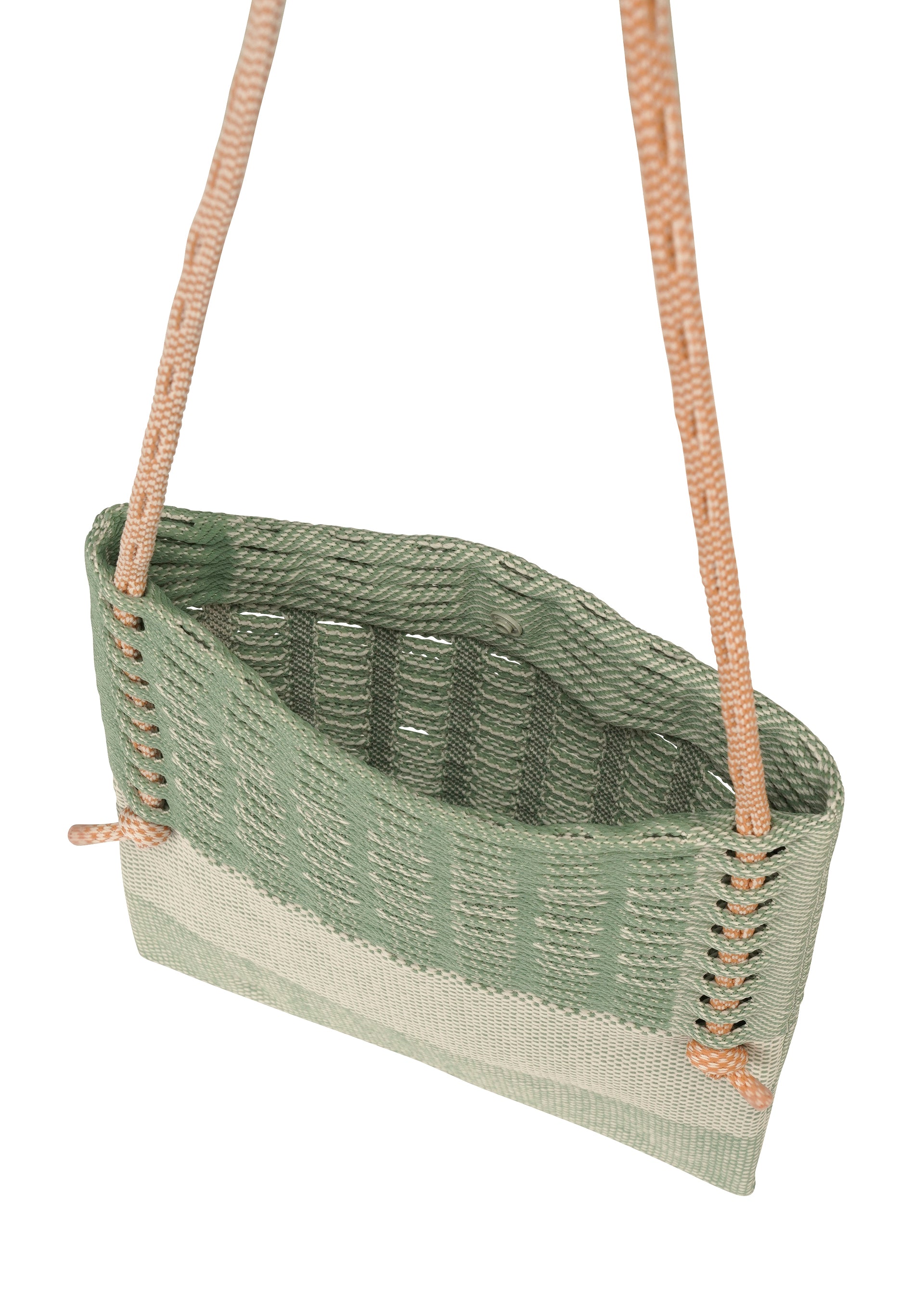 Zoomed view The MOKKO KNOT by GOOD GOODS ISSEY MIYAKE is a green and beige knit shoulder bag with orange braided straps and a subtle MOKKO slit pattern, displayed from above on a white background.