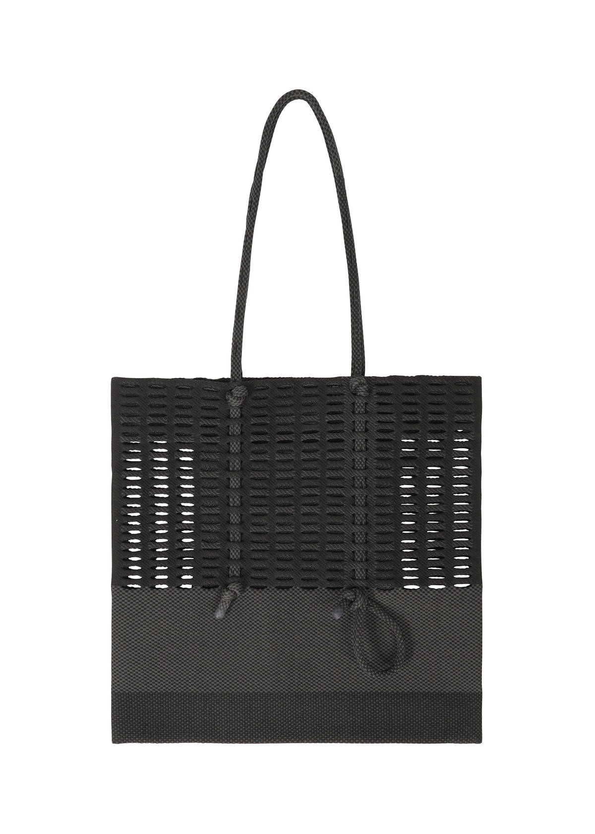 The MOKKO KNOT from GOOD GOODS ISSEY MIYAKE is a black knit tote bag with two rope handles, a textured semi-transparent upper, and a solid opaque lower section—ideal for everyday use. view 1 of 10