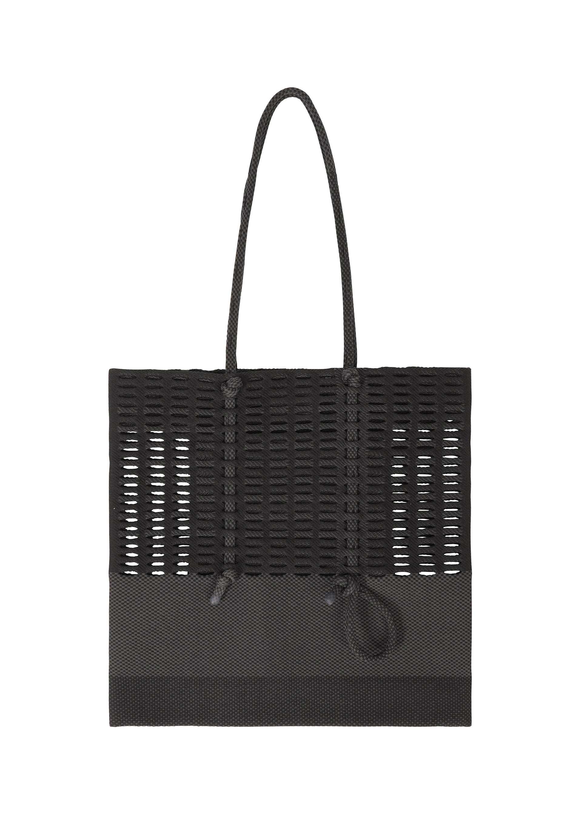 Zoomed view The MOKKO KNOT from GOOD GOODS ISSEY MIYAKE is a black knit tote bag with two rope handles, a textured semi-transparent upper, and a solid opaque lower section—ideal for everyday use. - BLACK MIX （no.18）
