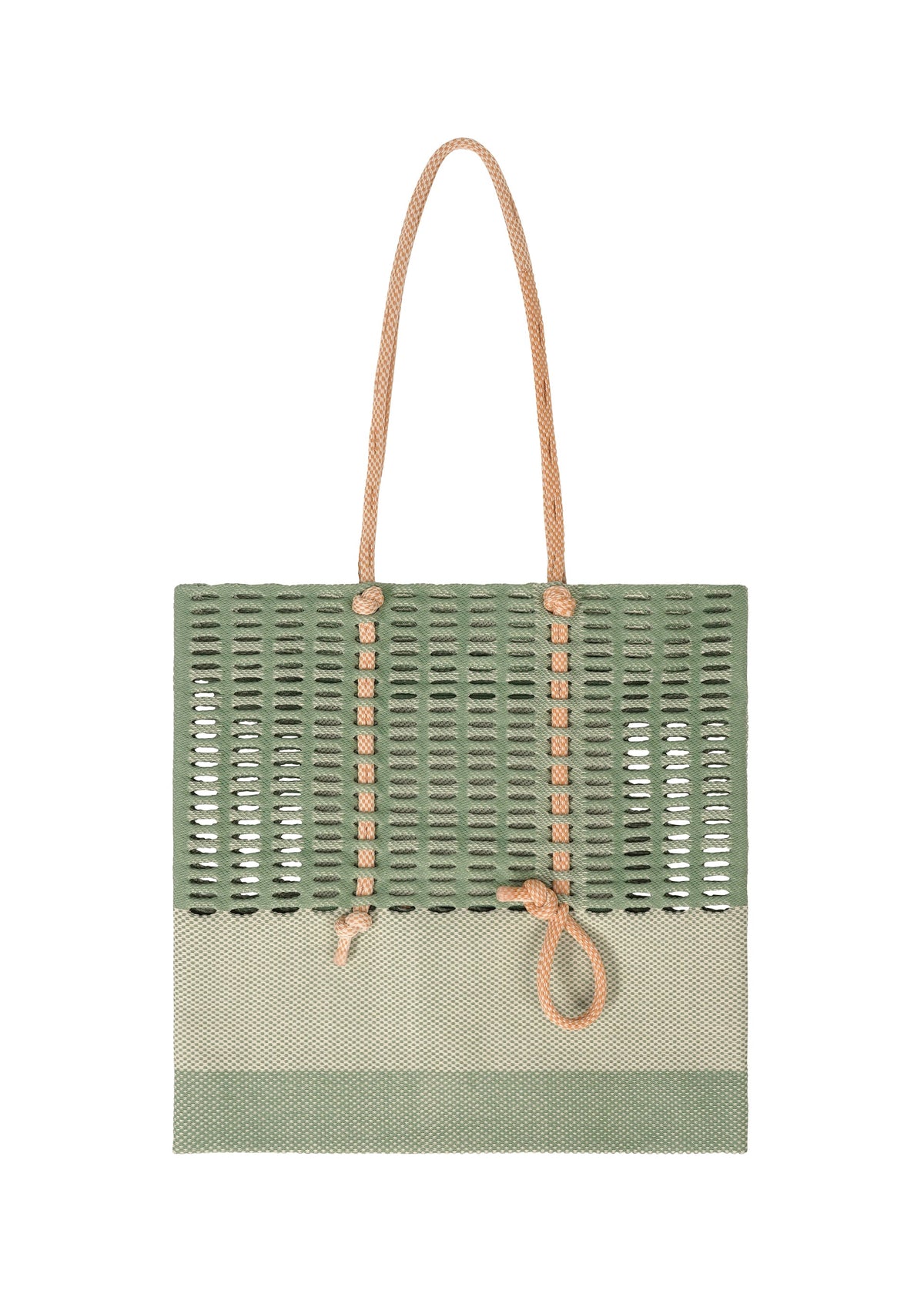 The MOKKO KNOT by GOOD GOODS ISSEY MIYAKE is a green and beige knit tote bag featuring two rope handles and front knotted rope accents, shown on a white background. view 3 of 10
