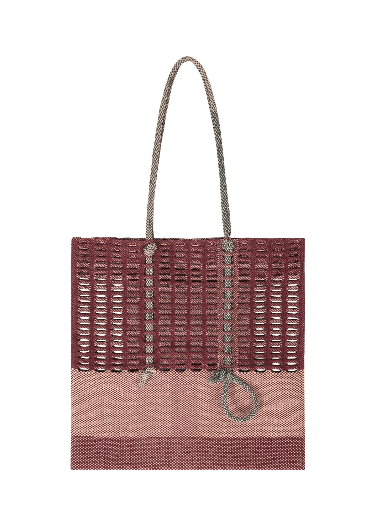 The MOKKO KNOT by GOOD GOODS ISSEY MIYAKE is a rectangular tote with two rope handles, knotted rope detail, and a woven burgundy-beige pattern. Its airy, open-knit upper adds to its unique design. view 4 of 10