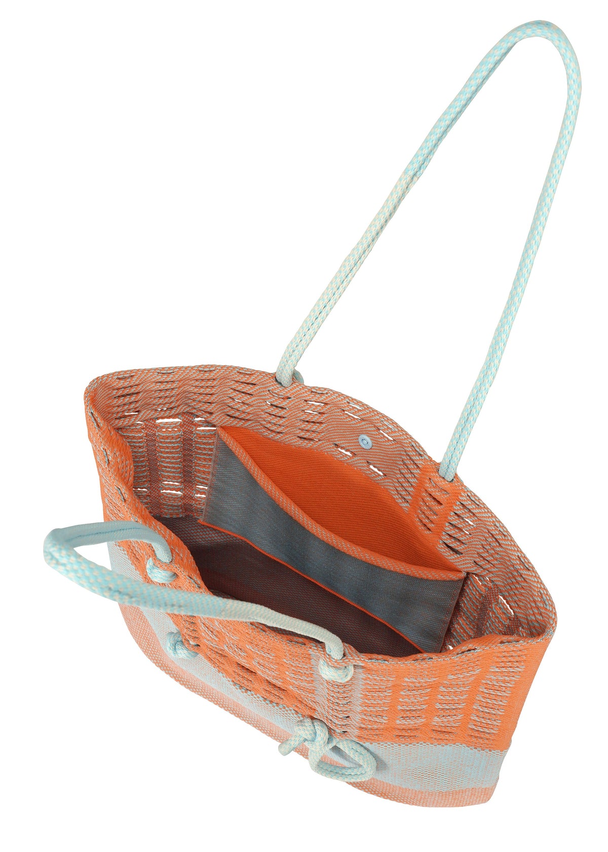 The MOKKO KNOT by GOOD GOODS ISSEY MIYAKE is a woven orange and light blue tote with long handles, an open top, roomy main compartment, gray lining, and an orange interior pocket. Shown from above. view 5 of 10