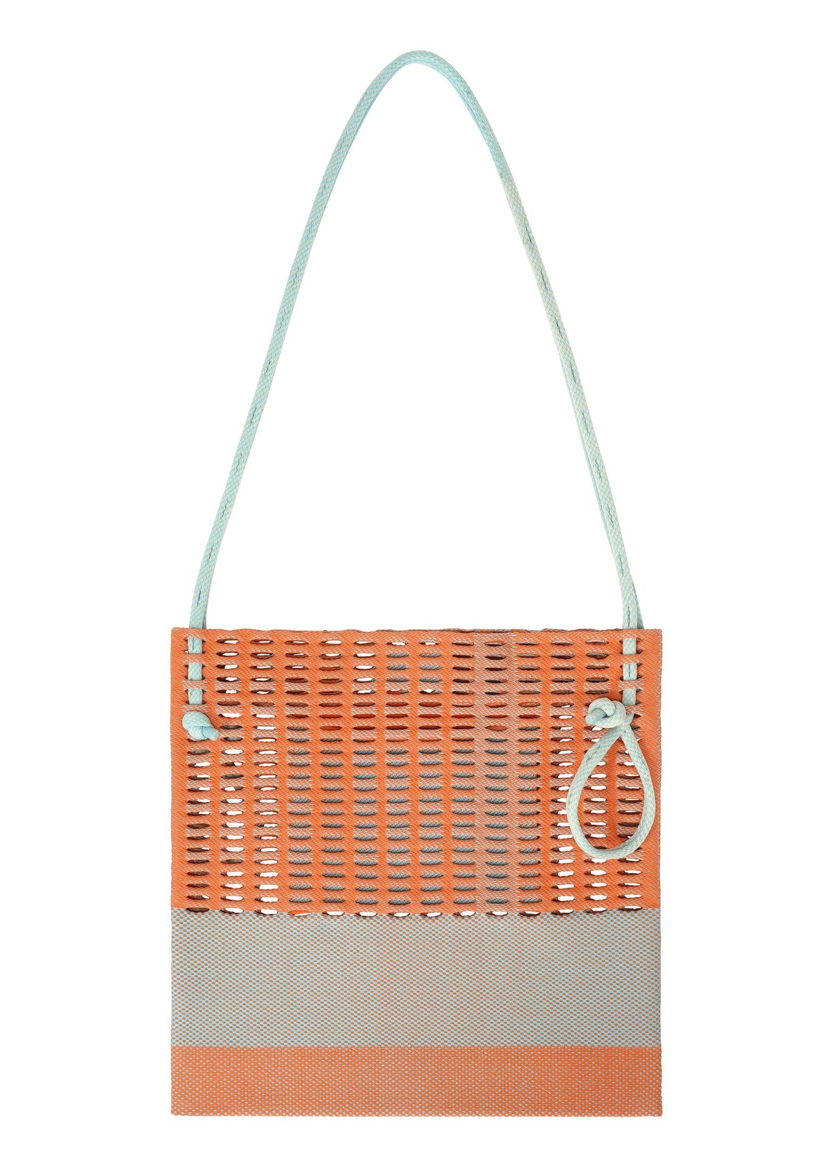 The MOKKO KNOT by GOOD GOODS ISSEY MIYAKE is a rectangular knit tote with an orange upper, light gray base, pale blue handles, and a side loop. Its open, airy design reflects modern minimalism. view 6 of 10