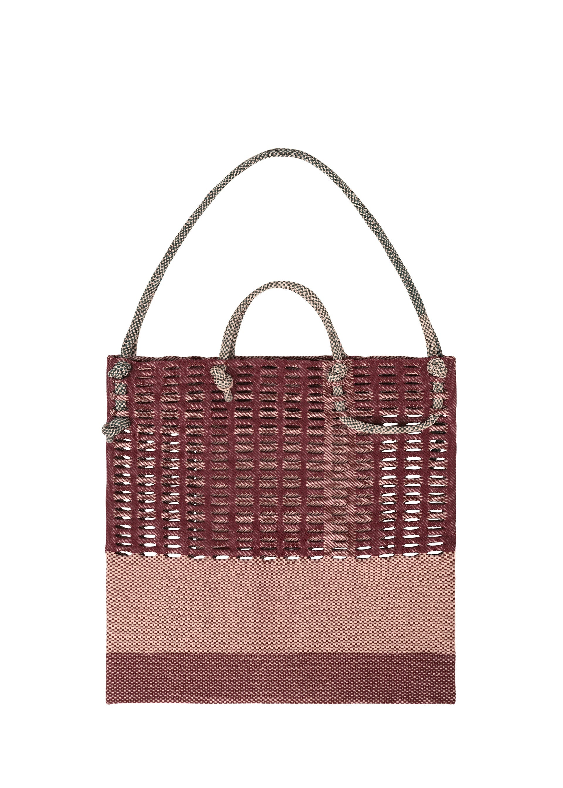 Zoomed view The MOKKO KNOT by GOOD GOODS ISSEY MIYAKE is a square tote bag with a maroon and beige woven design, two rope handles of different lengths, and an open grid-like weave at the top, shown against a white background.
