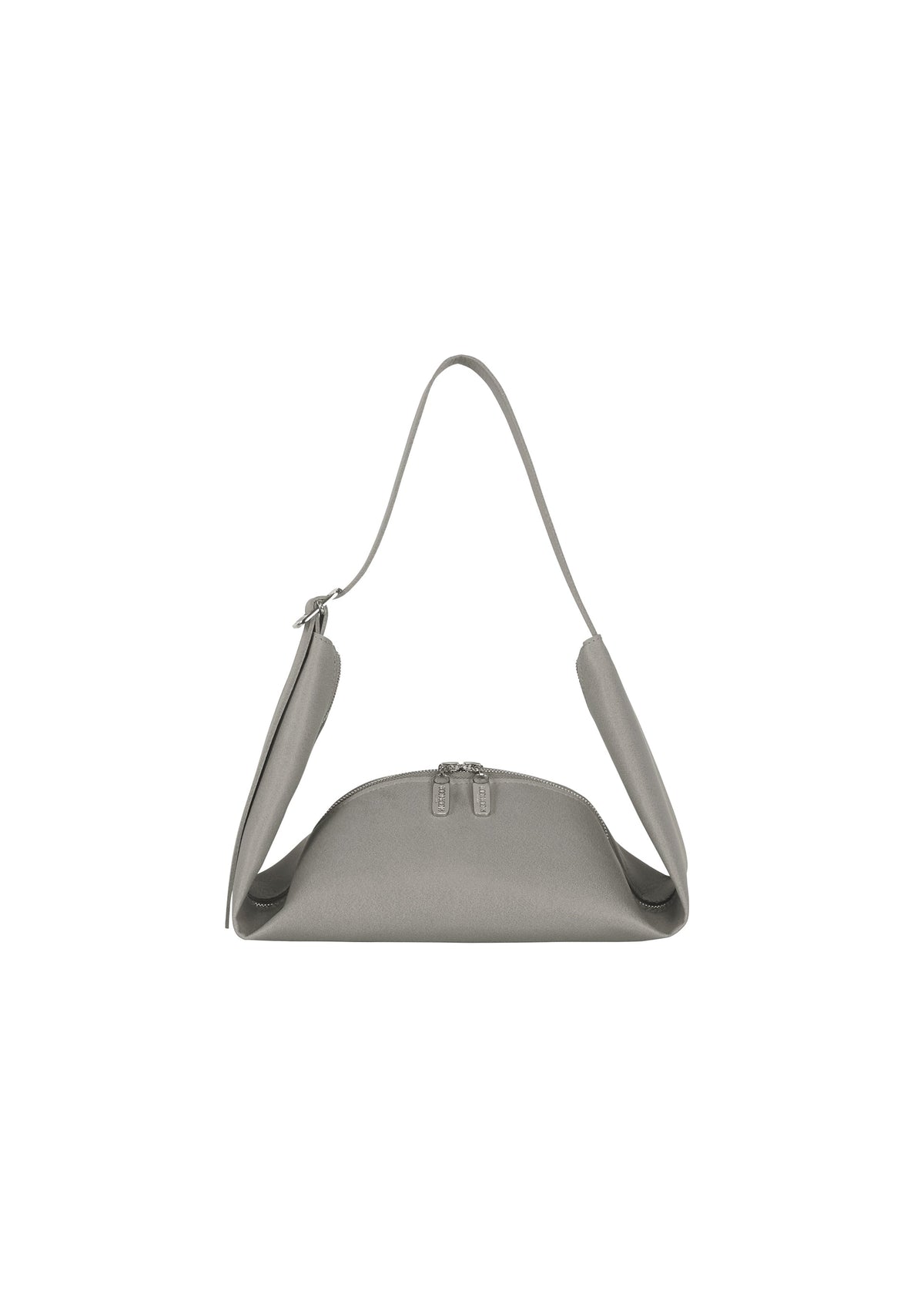 The LEAF by GOOD GOODS ISSEY MIYAKE is a minimalist, light gray shoulder bag with suede-like fabric, curved base, structured sides, zipper closure, and a single strap. Background is plain white. view 1 of 8