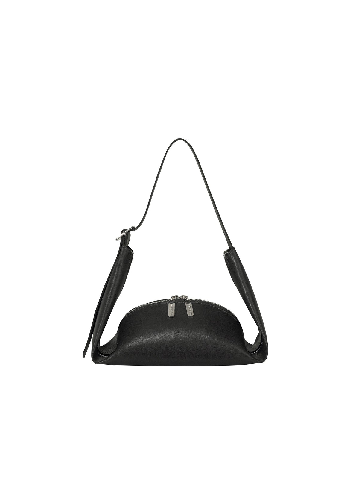The LEAF by GOOD GOODS ISSEY MIYAKE is a black leather shoulder bag with a curved base, short single strap, silver zipper, and suede-like accents, displayed on a plain white background. view 2 of 8