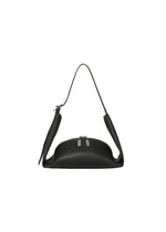 The LEAF by GOOD GOODS ISSEY MIYAKE is a black leather shoulder bag with a curved base, short single strap, silver zipper, and suede-like accents, displayed on a plain white background. - BLACK （no.15）