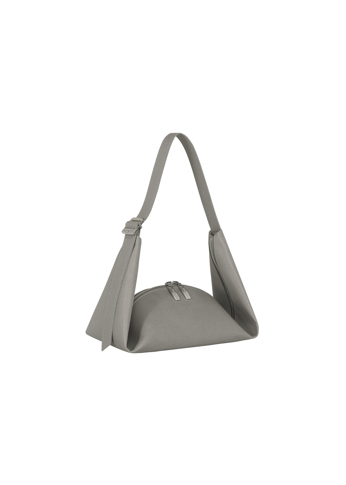 The LEAF by GOOD GOODS ISSEY MIYAKE is a minimalist, light gray shoulder bag with suede-like fabric, a short strap, and zipper closure, shown upright on a white background. view 4 of 8