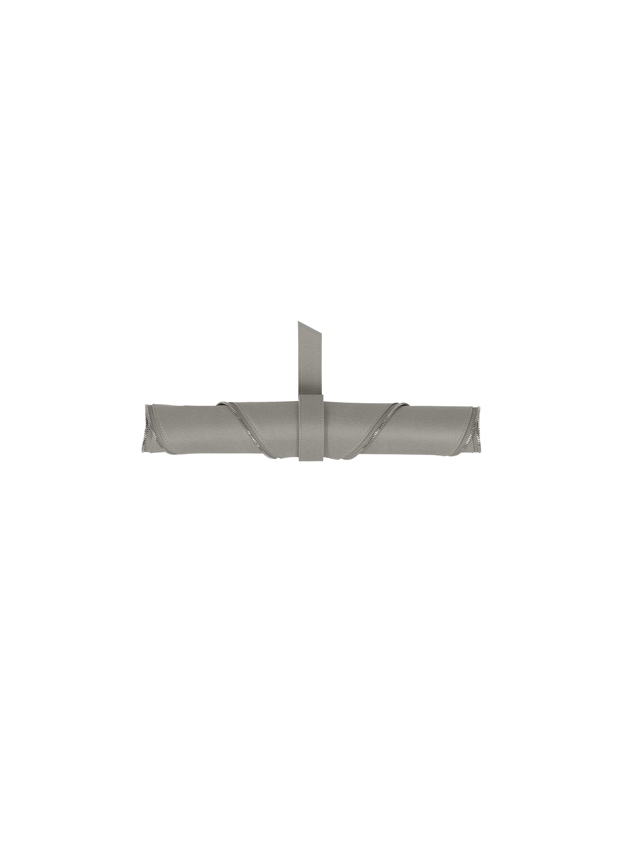Zoomed view The LEAF by GOOD GOODS ISSEY MIYAKE is a rolled-up gray suede-like item, secured with a strap and loop, displayed horizontally against a white background.