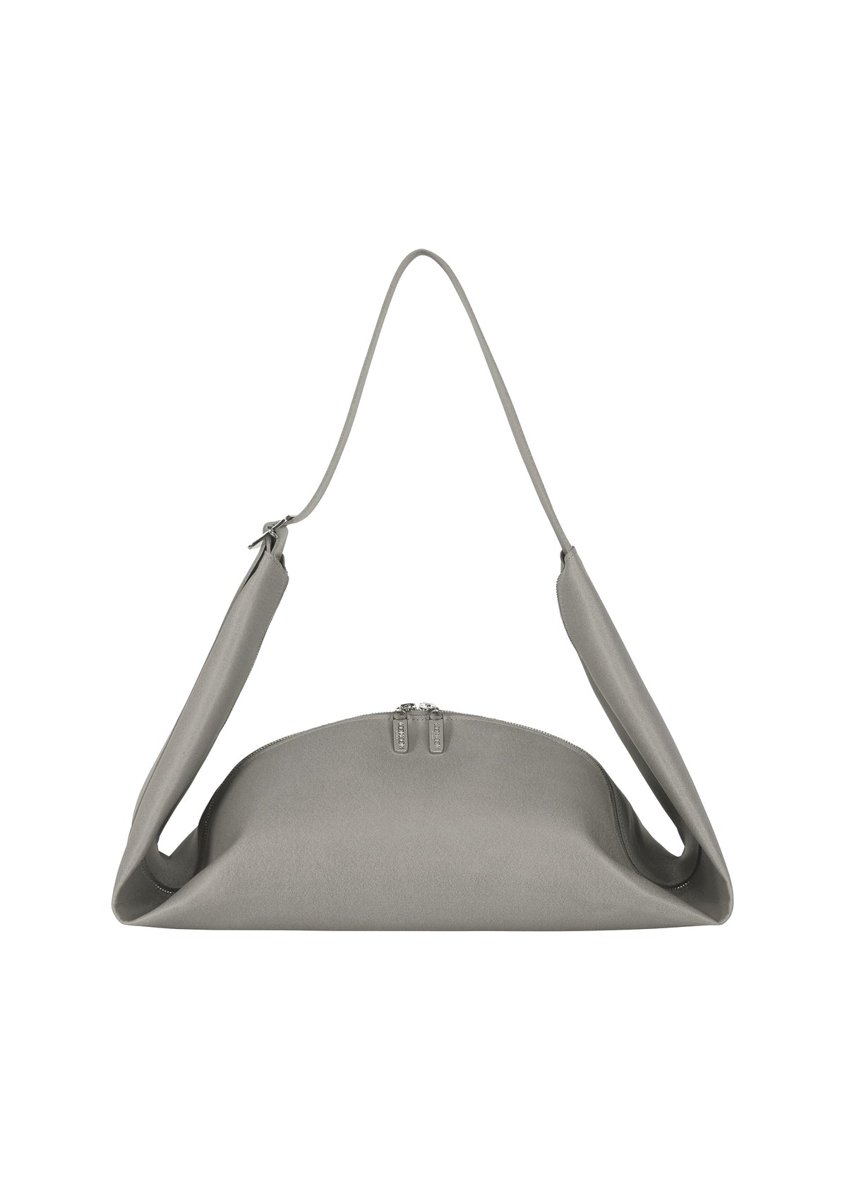 Zoomed view The LEAF by GOOD GOODS ISSEY MIYAKE is a minimalist gray shoulder bag with a curved shape, suede-like fabric, single top handle, and zipper closure, shown on a white background. - GRAY （no.12）