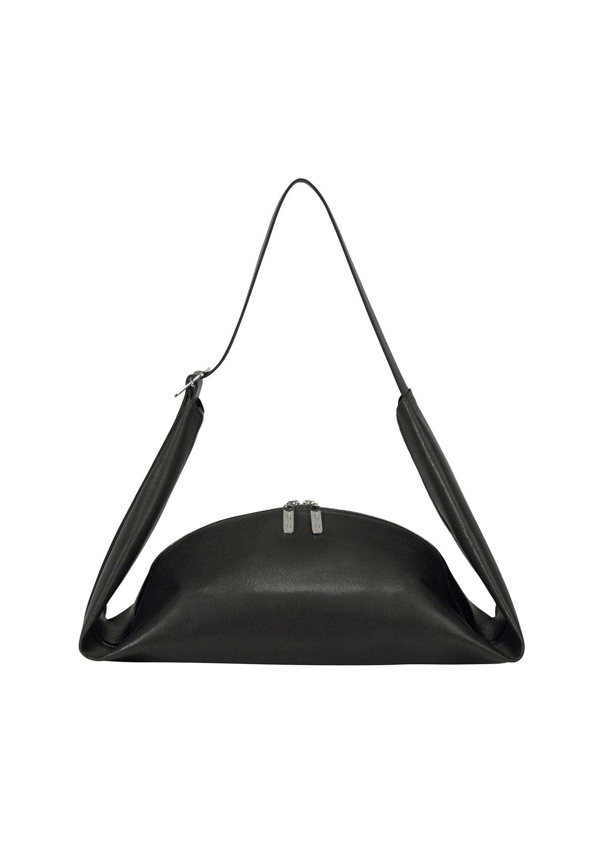 The LEAF by GOOD GOODS ISSEY MIYAKE is a sleek black leather shoulder bag with a curved shape, suede-like accents, dual top zipper pulls, and a single strap attached at both ends. view 2 of 9