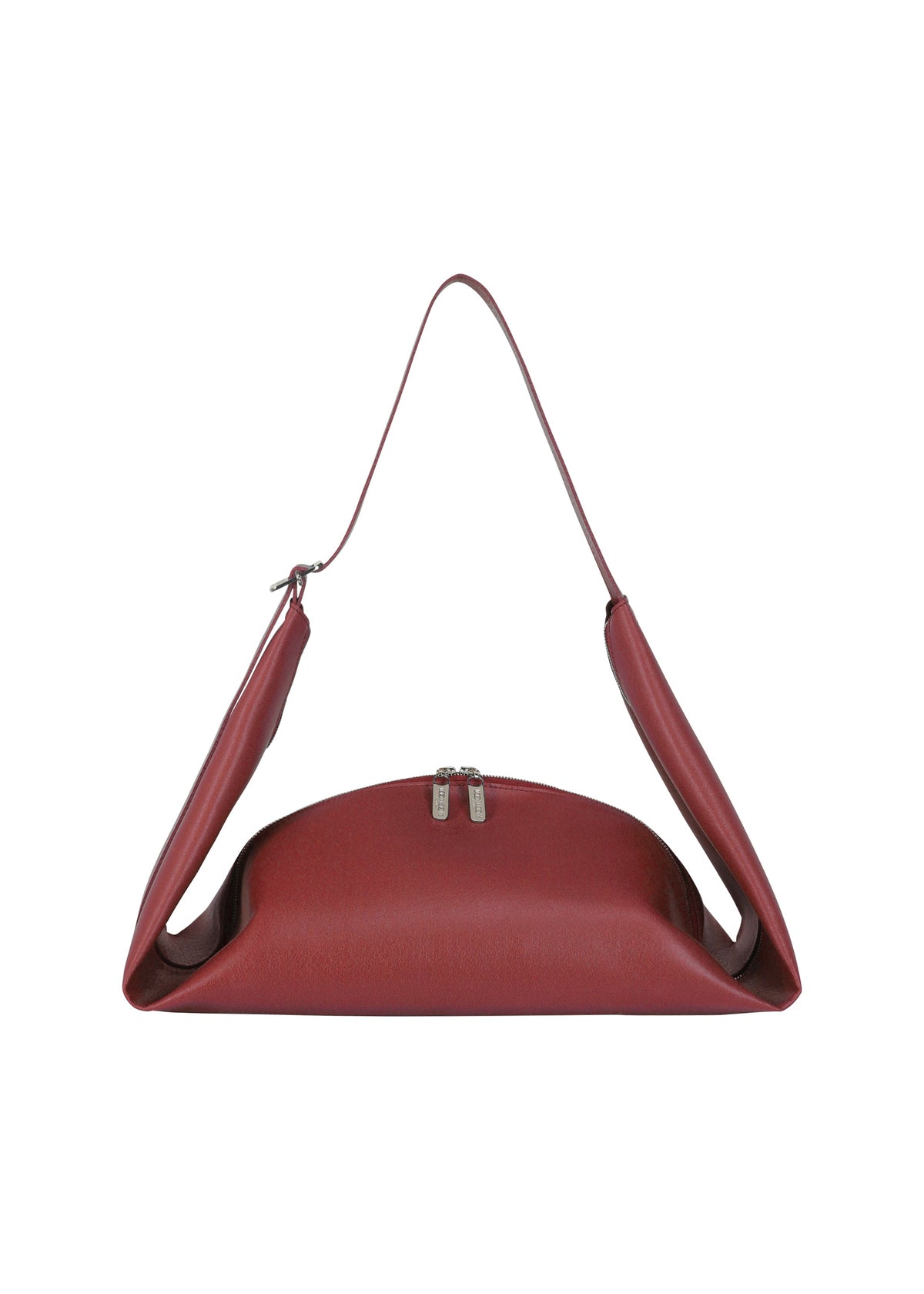 Zoomed view The LEAF by GOOD GOODS ISSEY MIYAKE is a modern red shoulder bag with a unique angular shape, suede-like fabric, zipper closure, and single strap design. - RED （no.24）