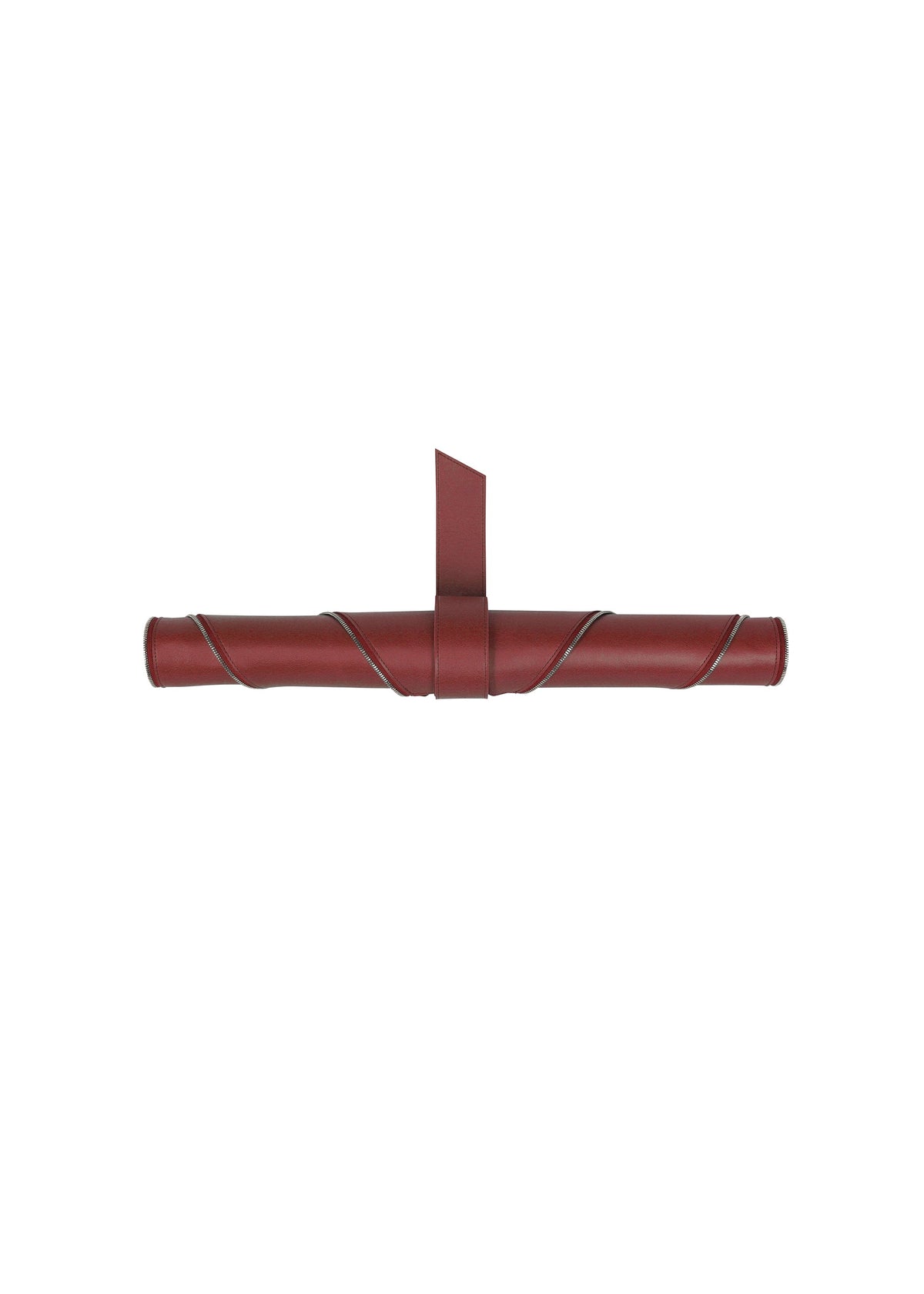 Zoomed view The LEAF by GOOD GOODS ISSEY MIYAKE is a rolled maroon leather case with a matching strap and loop, featuring suede-like fabric, shown from above on a white background.