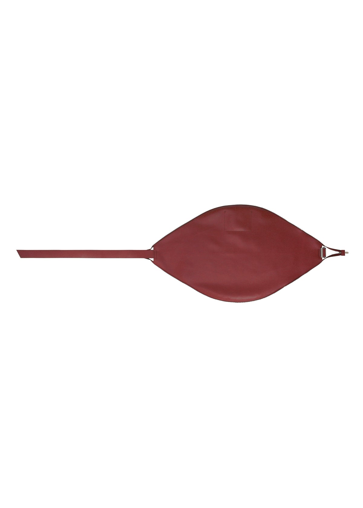 The LEAF by GOOD GOODS ISSEY MIYAKE is a red, leaf-shaped cross-body bag in suede-like fabric with a long strap and metal ring detail, shown on a white background. view 7 of 9