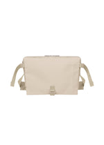 The JABARA backpack by GOOD GOODS ISSEY MIYAKE is a beige rectangular bag with a top zipper, front buckle, and adjustable shoulder straps. It features a dedicated laptop pocket and is displayed against a white background. - LIGTH GRAY （no.11）