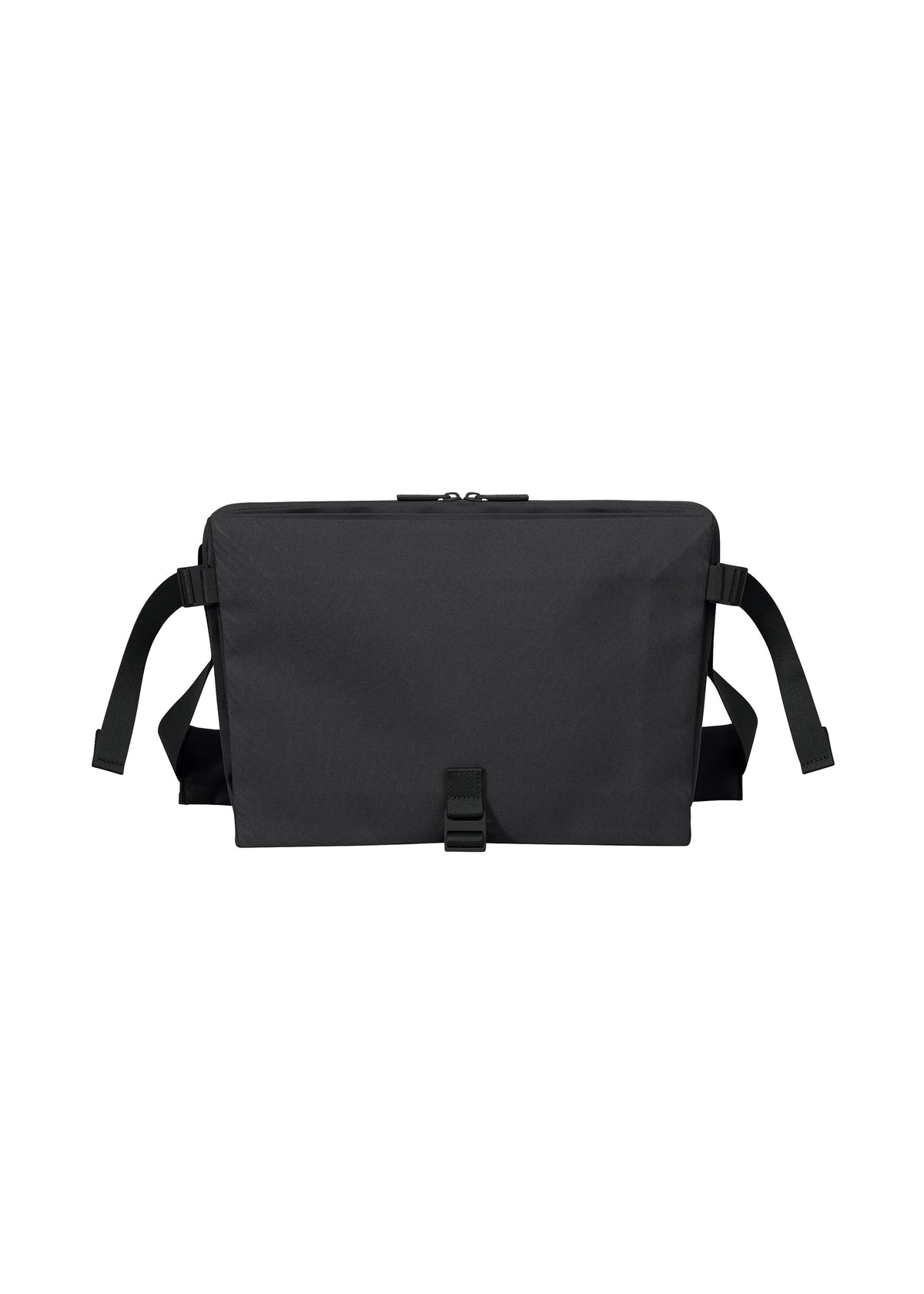 The JABARA by GOOD GOODS ISSEY MIYAKE is a black rectangular shoulder bag in a classic messenger style, featuring a top zipper, front buckle strap, two adjustable shoulder straps, and an interior laptop pocket for enhanced functionality—all shown against a white background. view 2 of 11
