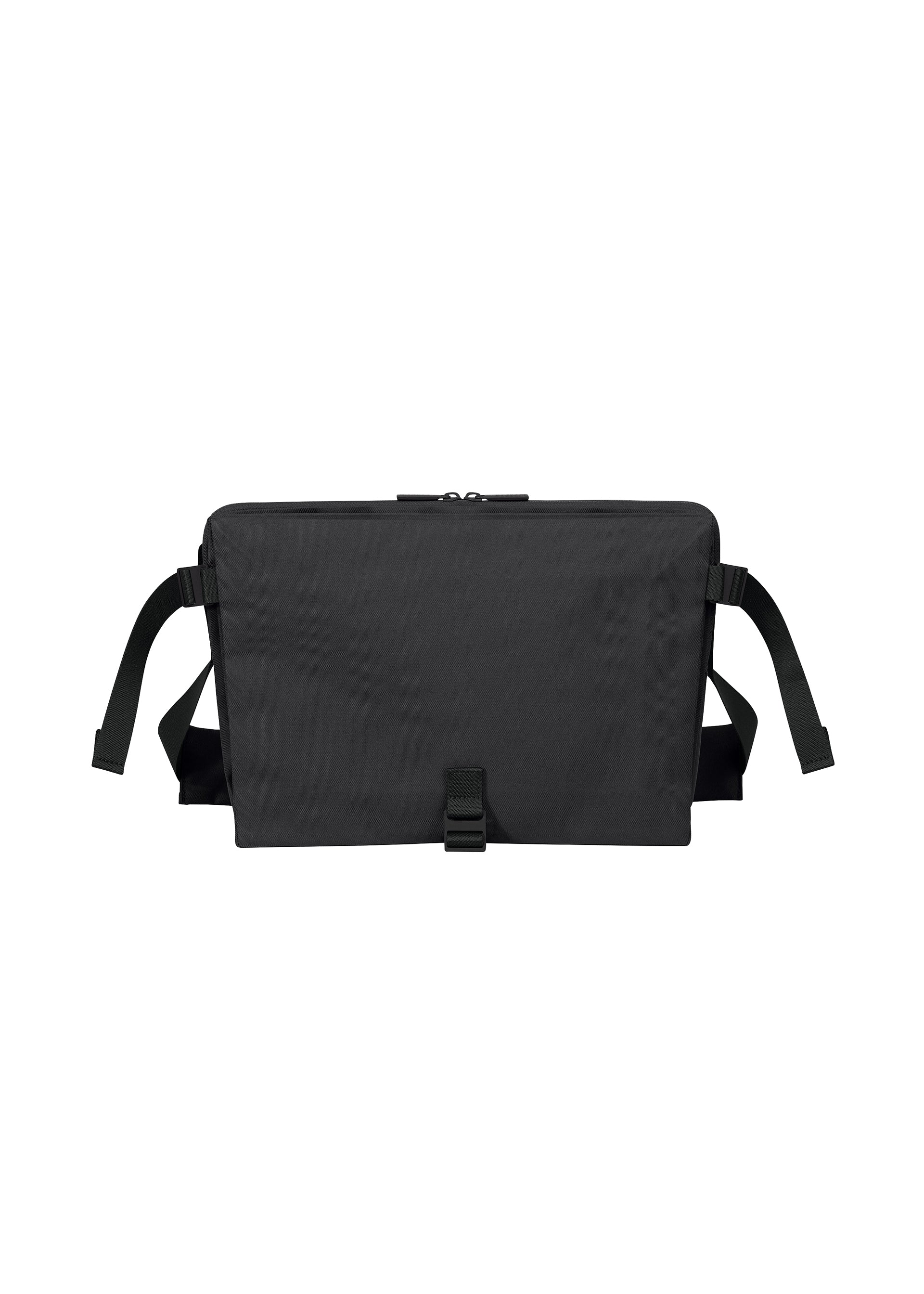 Zoomed view The JABARA by GOOD GOODS ISSEY MIYAKE is a black rectangular shoulder bag in a classic messenger style, featuring a top zipper, front buckle strap, two adjustable shoulder straps, and an interior laptop pocket for enhanced functionality—all shown against a white background. - BLACK （no.15）