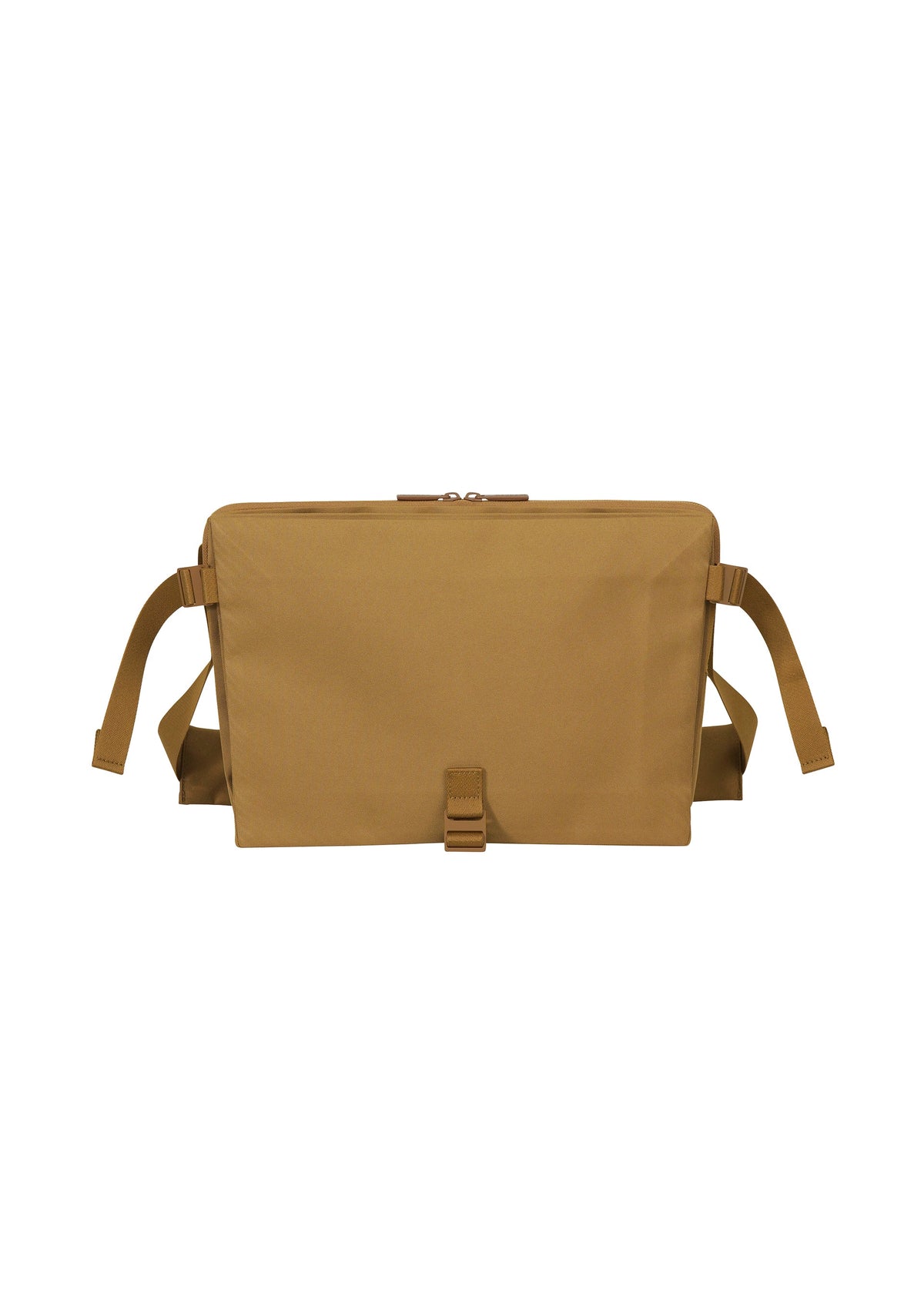 JABARA messenger shoulder bag by GOOD GOODS ISSEY MIYAKE in a rectangular tan design, featuring side straps, a front buckle closure, top zipper, and a convenient laptop pocket, displayed against a plain white background. view 3 of 11