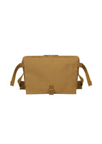 JABARA messenger shoulder bag by GOOD GOODS ISSEY MIYAKE in a rectangular tan design, featuring side straps, a front buckle closure, top zipper, and a convenient laptop pocket, displayed against a plain white background. - BROWN （no.44）