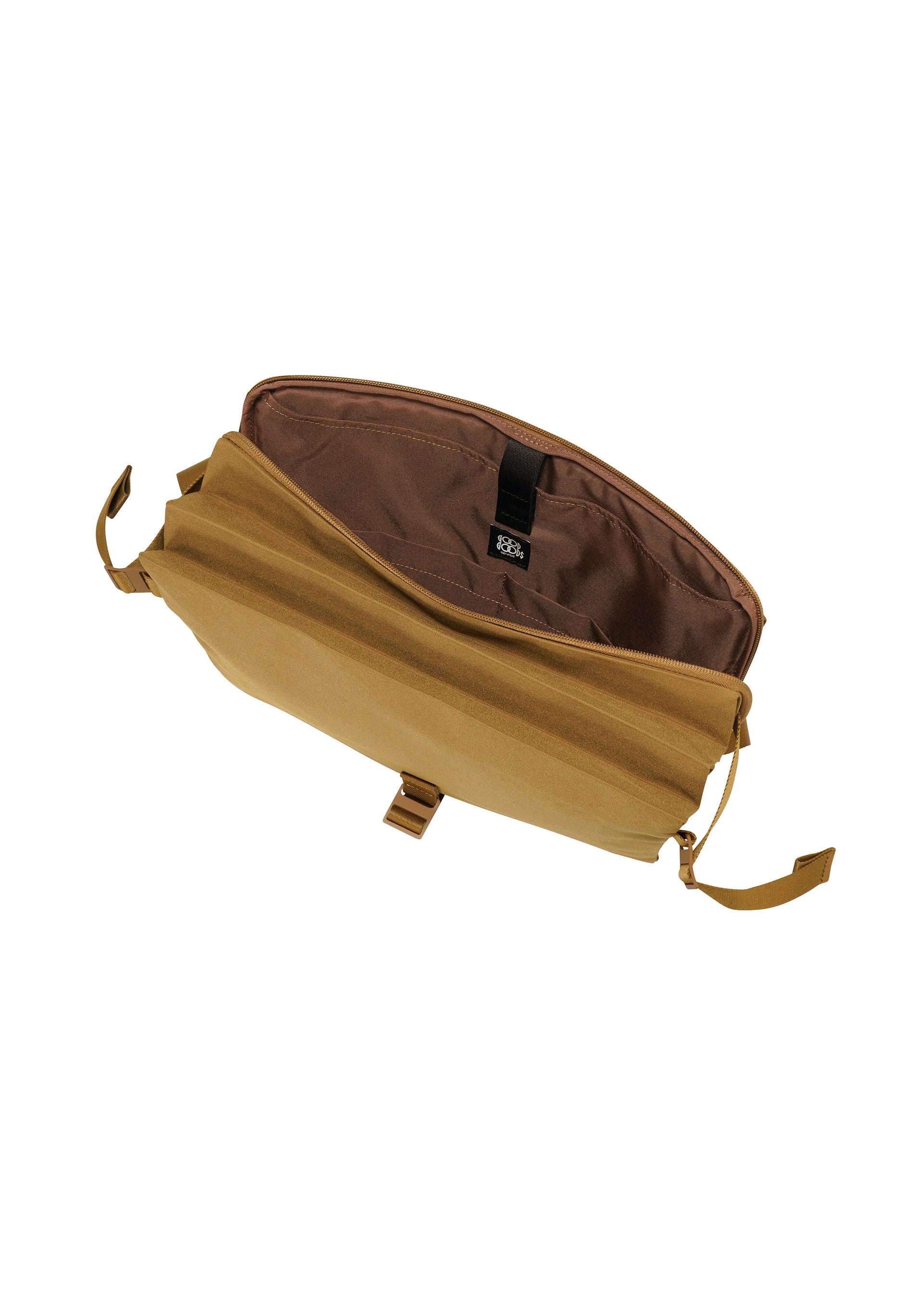 Zoomed view Introducing the JABARA bag from GOOD GOODS ISSEY MIYAKE: a brown canvas accordion-pleat design with an open top, revealing a spacious, lined interior and featuring a black inner label. With two side straps and a front buckle, this versatile bag—photographed against a white background—is ideal as a shoulder bag or for carrying your essentials. Its innovative construction beautifully combines style and practicality.