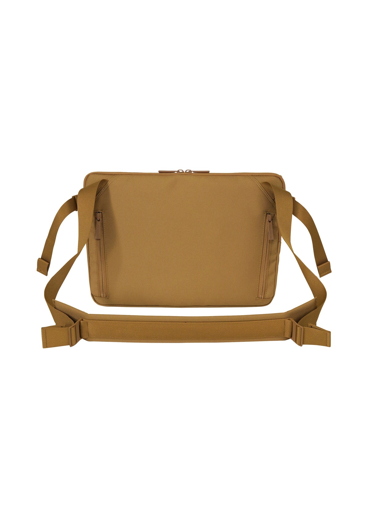 The JABARA crossbody bag by GOOD GOODS ISSEY MIYAKE is a tan rectangular accessory with two zippered pockets, adjustable straps, and a minimalist design featuring an internal laptop pocket, displayed against a white background. view 5 of 11