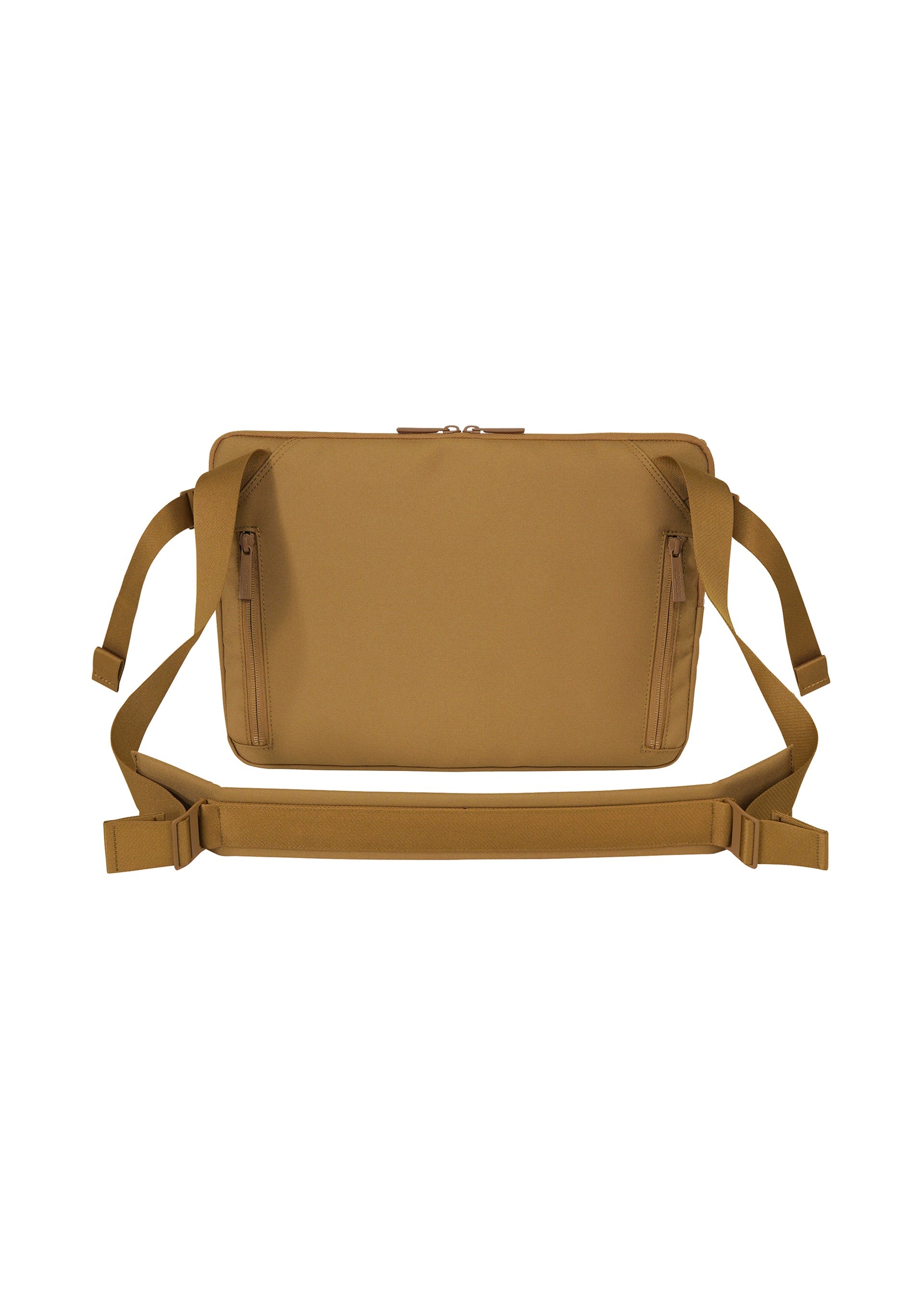 Zoomed view The JABARA crossbody bag by GOOD GOODS ISSEY MIYAKE is a tan rectangular accessory with two zippered pockets, adjustable straps, and a minimalist design featuring an internal laptop pocket, displayed against a white background.