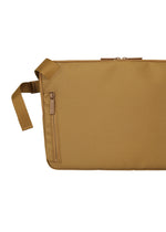 The JABARA crossbody bag by GOOD GOODS ISSEY MIYAKE features a tan hue, front zipper pocket, adjustable strap, and a minimalist design—ideal for use as a chic shoulder bag—presented against a white background.