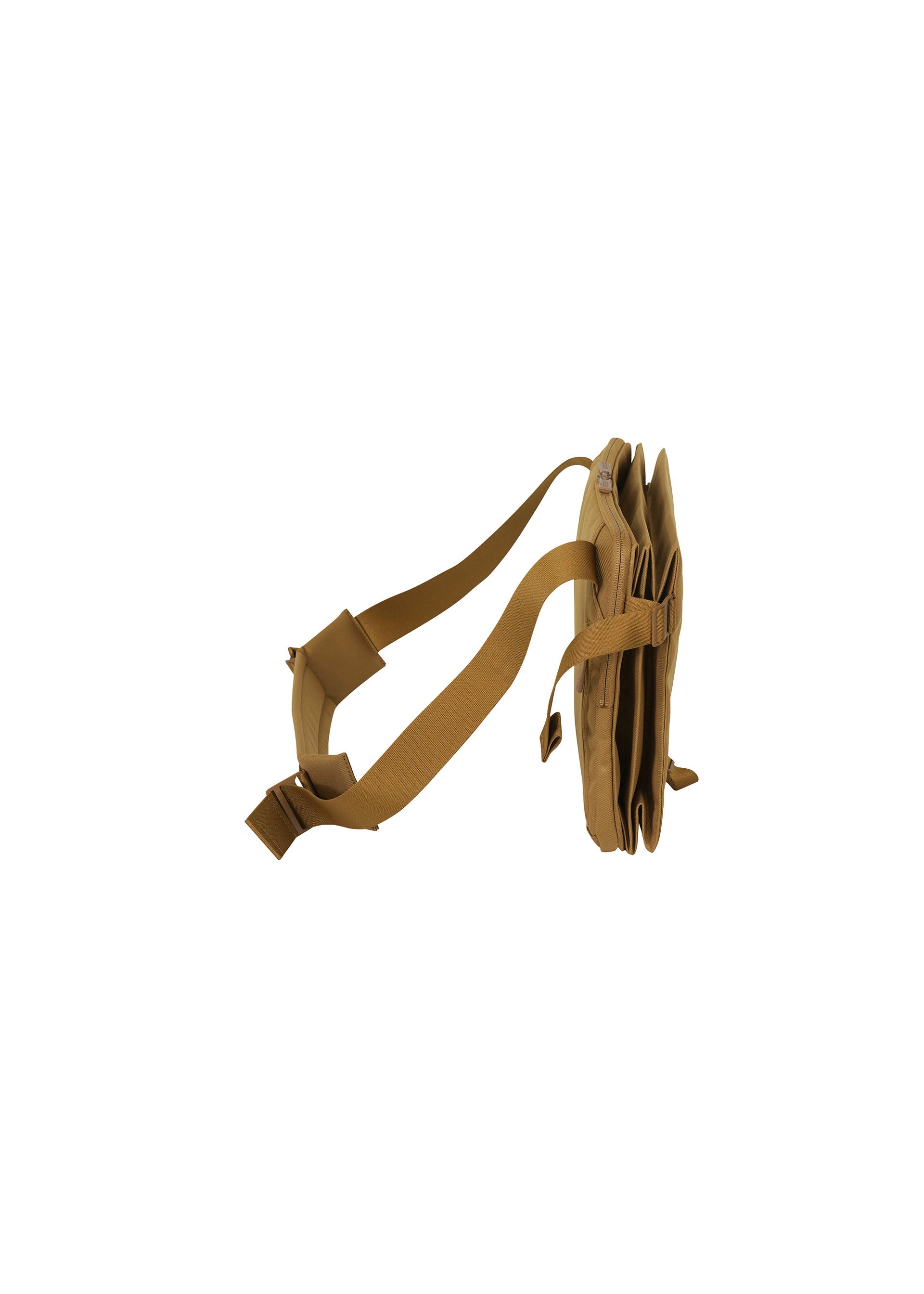 Zoomed view The JABARA shoulder bag by GOOD GOODS ISSEY MIYAKE is shown from the side against a white background, featuring a tan color, adjustable straps, a secure laptop pocket, and multiple compartments.
