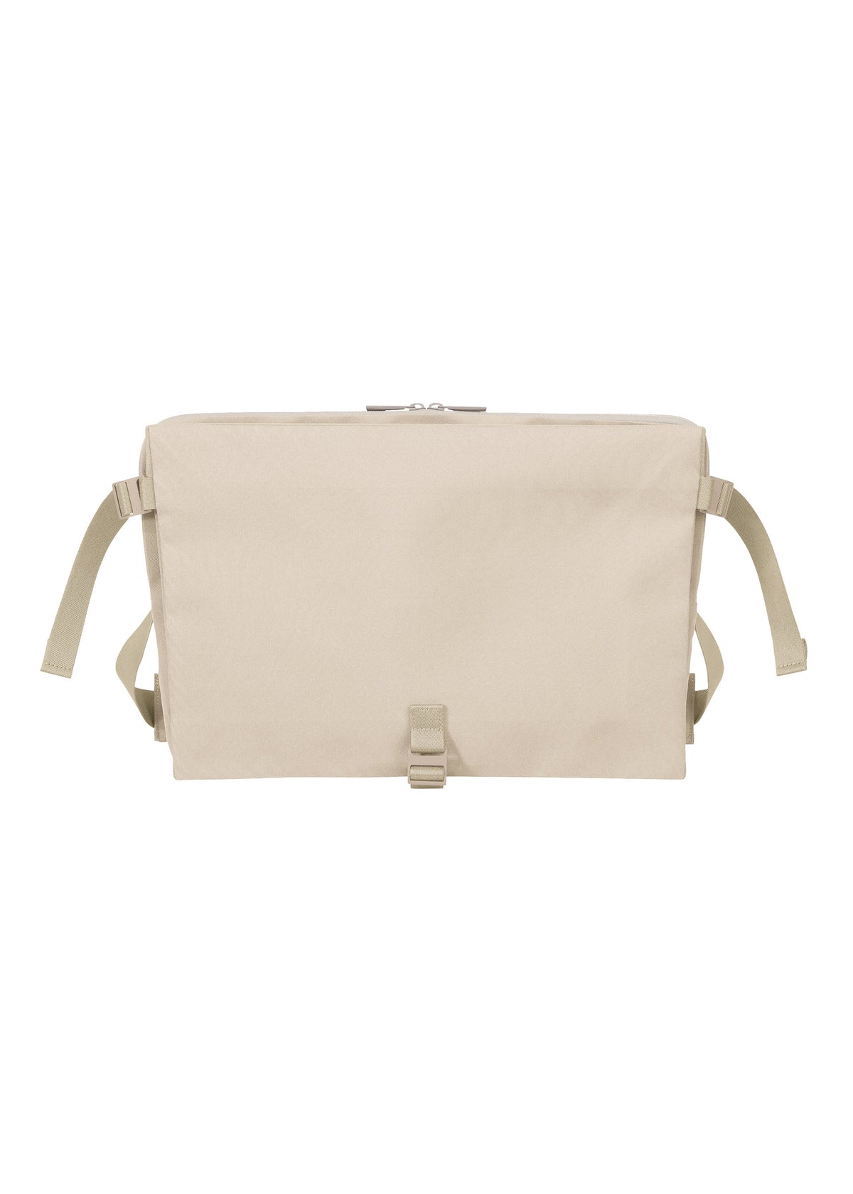 The JABARA messenger bag by GOOD GOODS ISSEY MIYAKE is a rectangular beige bag with a flap cover, adjustable side straps, and a front buckle. It features an internal laptop pocket and is shown against a white background. view 1 of 11