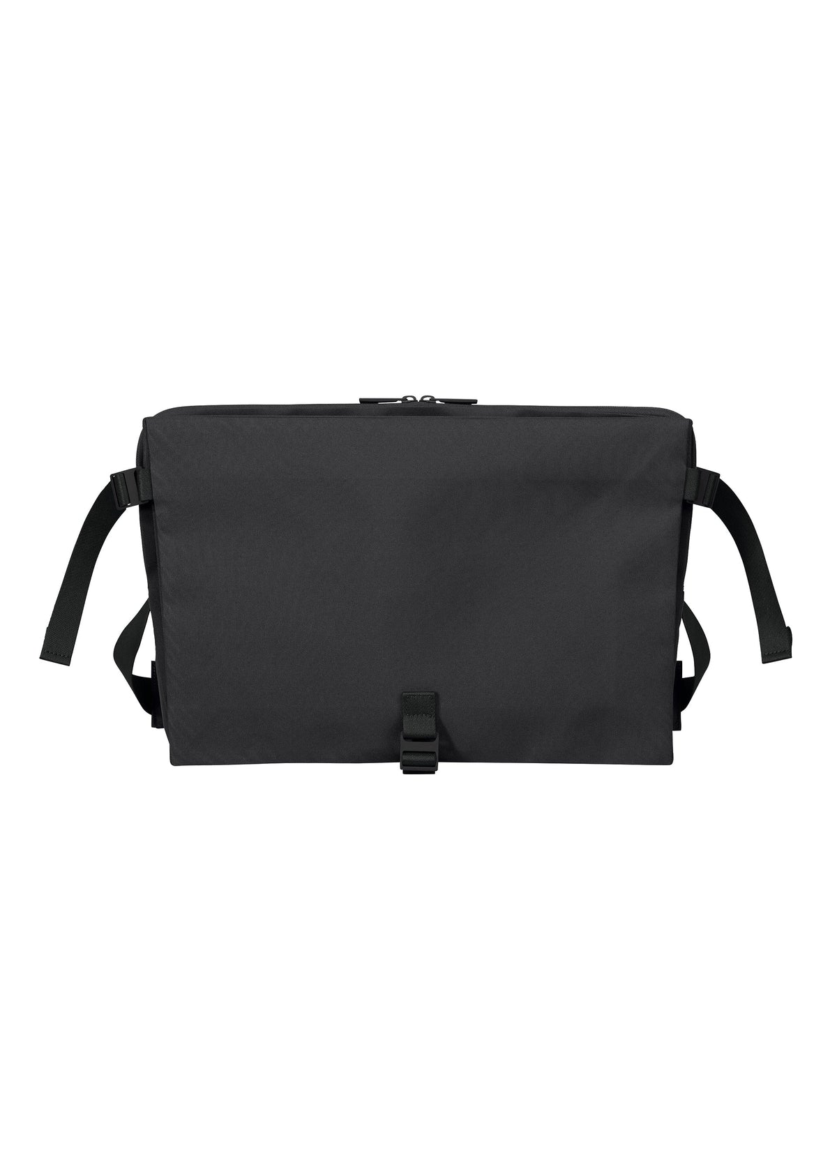The JABARA messenger bag by GOOD GOODS ISSEY MIYAKE, shown against a white background, is a plain black design featuring a flap closure, adjustable shoulder strap, side straps, and an interior laptop pocket for added convenience. view 2 of 11