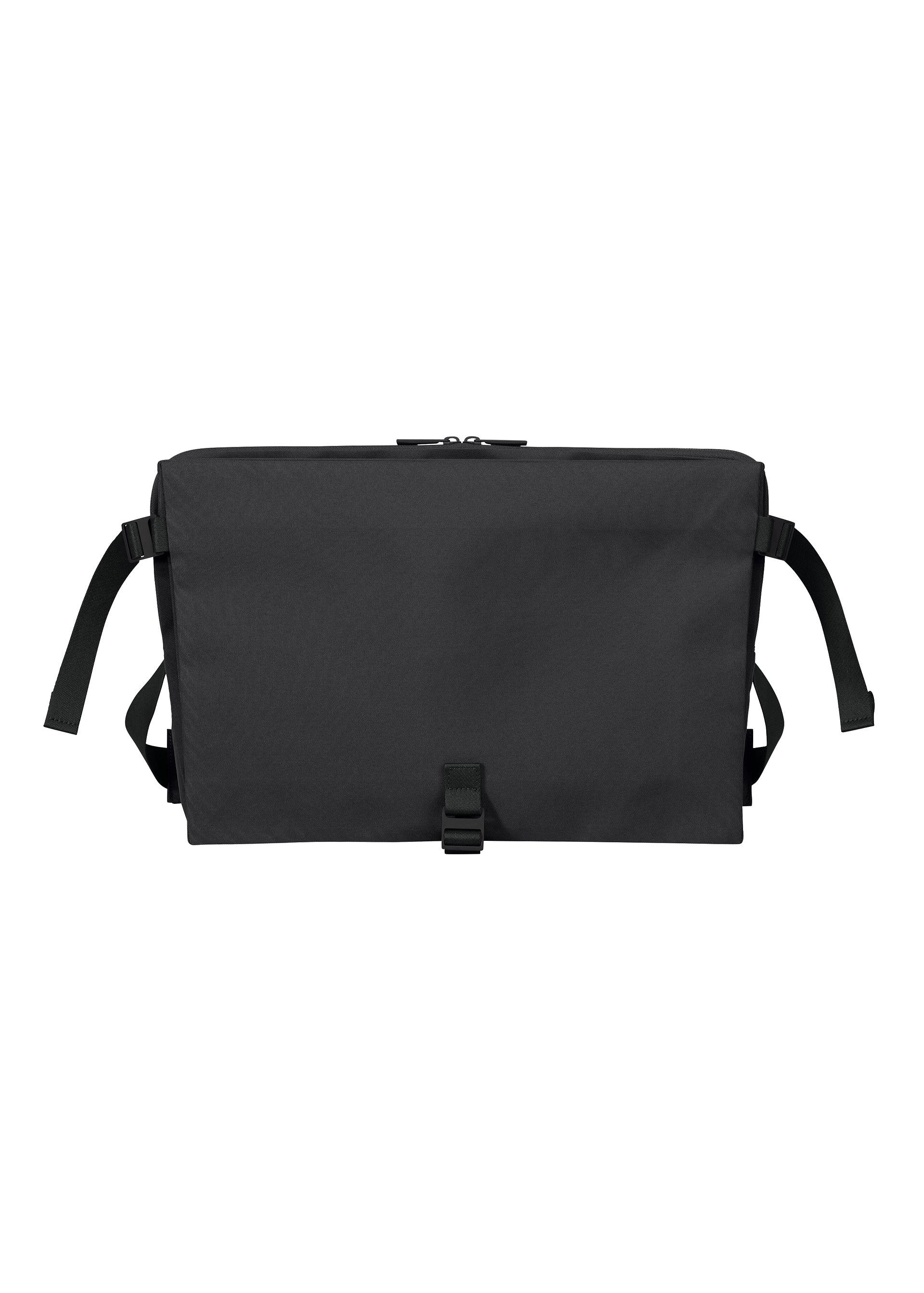Zoomed view The JABARA messenger bag by GOOD GOODS ISSEY MIYAKE, shown against a white background, is a plain black design featuring a flap closure, adjustable shoulder strap, side straps, and an interior laptop pocket for added convenience. - BLACK （no.15）