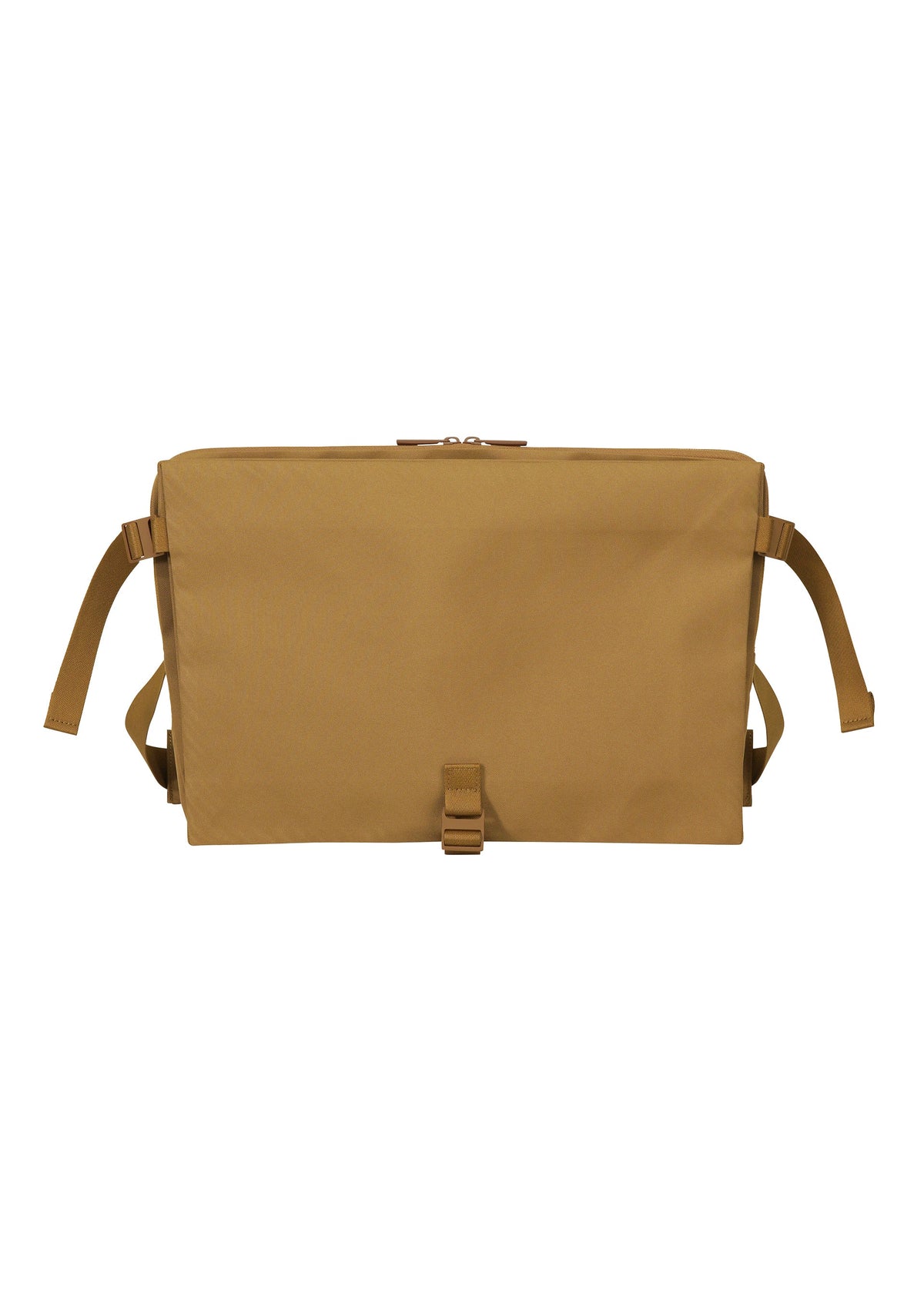 The JABARA shoulder bag by GOOD GOODS ISSEY MIYAKE is a brown, rectangular bag with a flap closure, buckle, and adjustable shoulder straps, showcasing an accordion pleat design and a dedicated laptop pocket, displayed against a white background. view 3 of 11