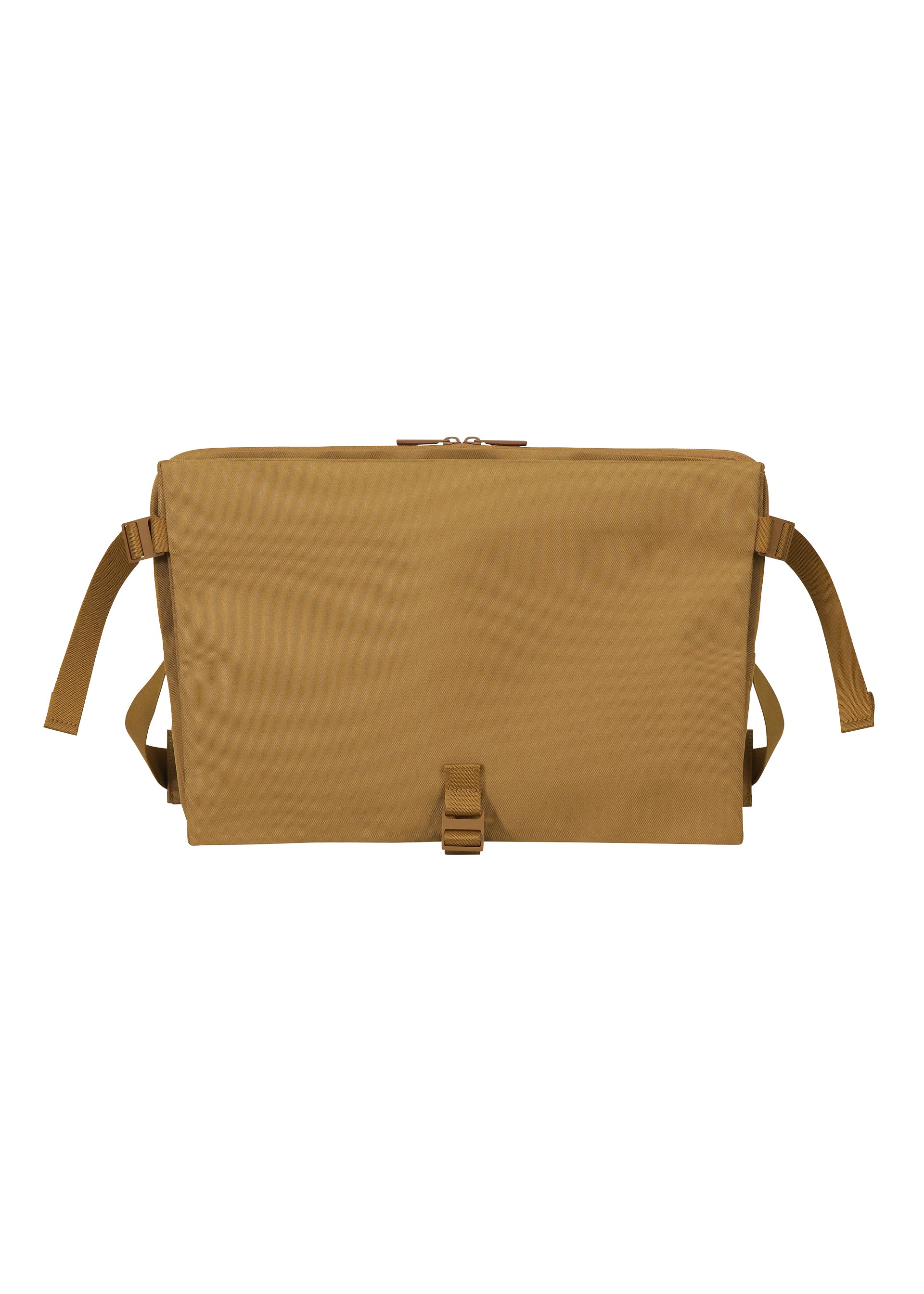 Zoomed view The JABARA shoulder bag by GOOD GOODS ISSEY MIYAKE is a brown, rectangular bag with a flap closure, buckle, and adjustable shoulder straps, showcasing an accordion pleat design and a dedicated laptop pocket, displayed against a white background. - BROWN （no.44）