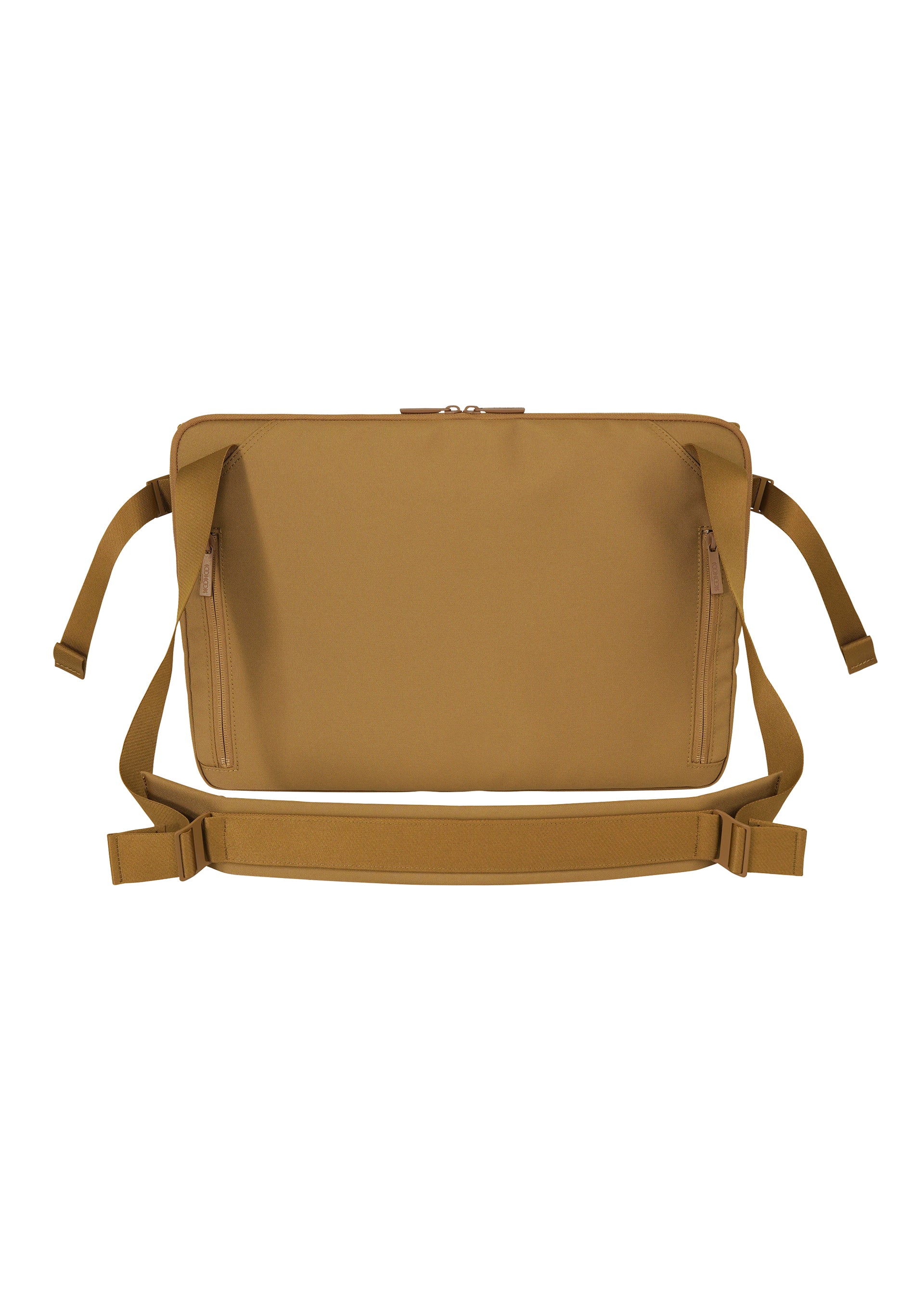 Zoomed view The JABARA waist bag by GOOD GOODS ISSEY MIYAKE is a rectangular tan accessory with two zippered front pockets, an adjustable strap, and subtle accordion pleat detailing, shown against a white background.
