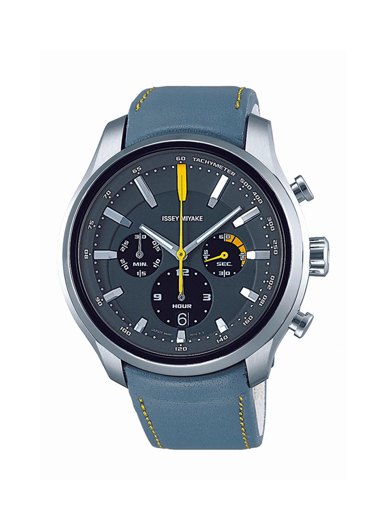The ISSEY MIYAKE WATCH GT Designed By Ken Okuyama is a stylish analog chronograph featuring a gray face with yellow accents, three subdials, bold hour markers, and a gray leather strap with yellow stitching plus a sporty tachymeter bezel. view 1 of 1