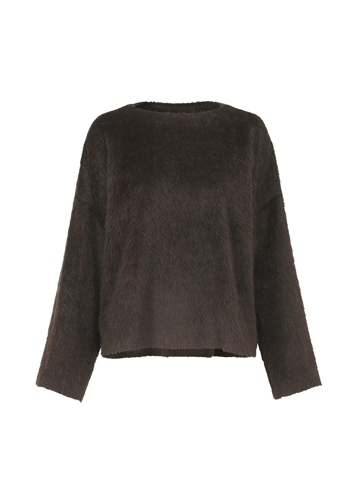 The HaaT SURI ALPACA is a long-sleeved, dark brown fuzzy sweater made from luxurious Peruvian Suri alpaca wool, featuring a crew neckline and relaxed fit, shown against a plain white background. view 2 of 7