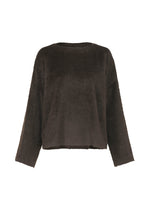 The HaaT SURI ALPACA is a long-sleeved, dark brown fuzzy sweater made from luxurious Peruvian Suri alpaca wool, featuring a crew neckline and relaxed fit, shown against a plain white background. - DARK BROWN （no.45）