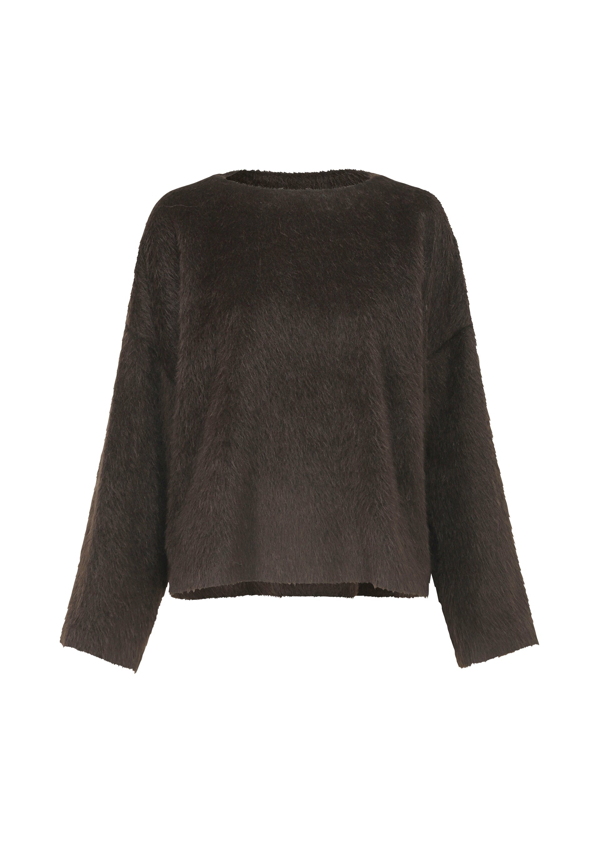 Zoomed view The HaaT SURI ALPACA is a long-sleeved, dark brown fuzzy sweater made from luxurious Peruvian Suri alpaca wool, featuring a crew neckline and relaxed fit, shown against a plain white background. - DARK BROWN （no.45）