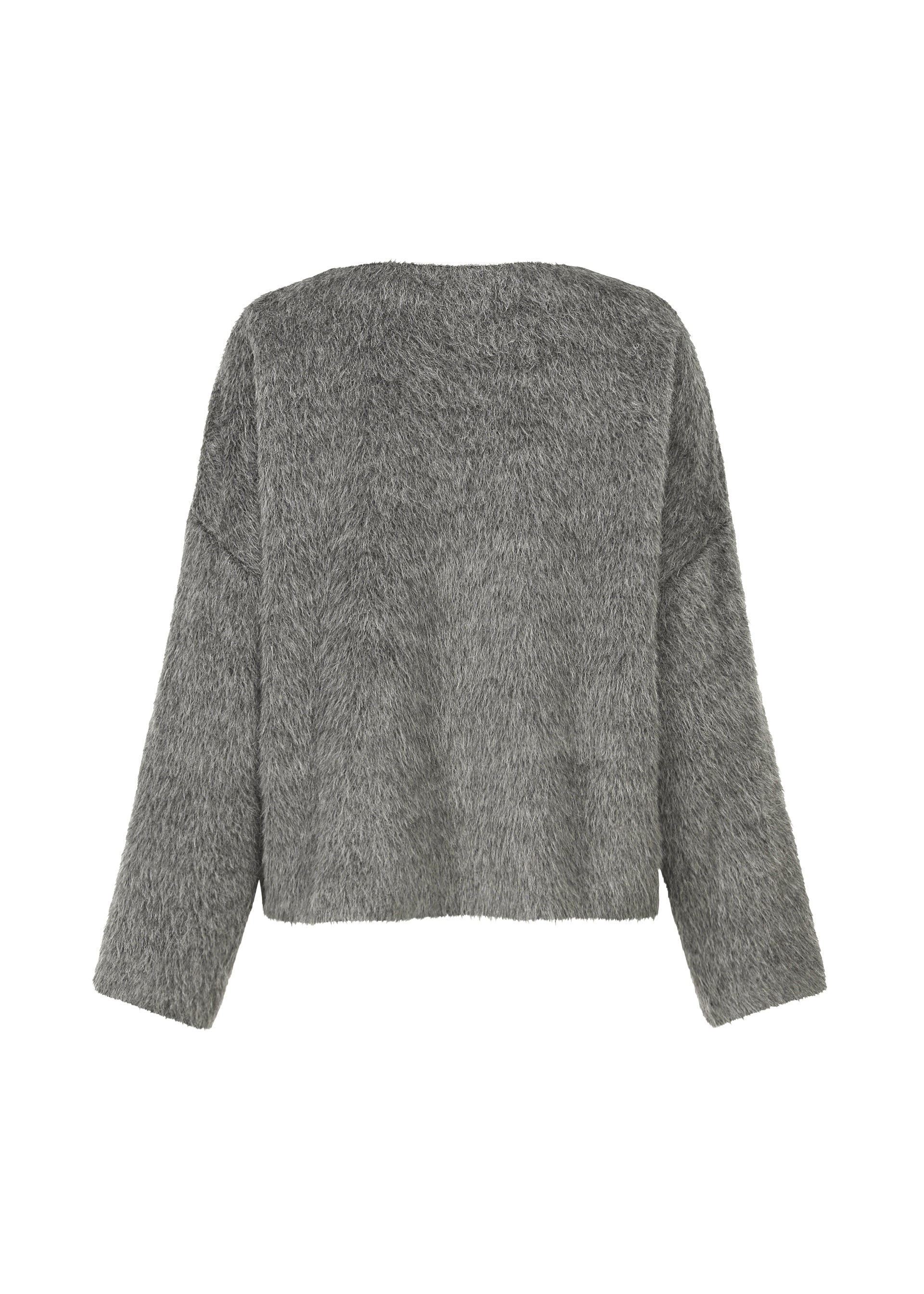 Zoomed view The SURI ALPACA by HaaT is a gray, long-sleeved faux fur jacket inspired by Peruvian Suri alpaca wool, with a straight hem and a clean back—no fastenings or decorations visible.