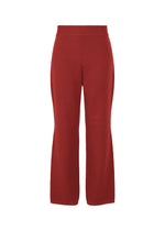 The HaaT 3D△ KNIT pants are high-waisted, straight-leg wool-blend knit bottoms in solid dark red, with an elastic waistband and a minimalist design. - CARMINE （no.27）