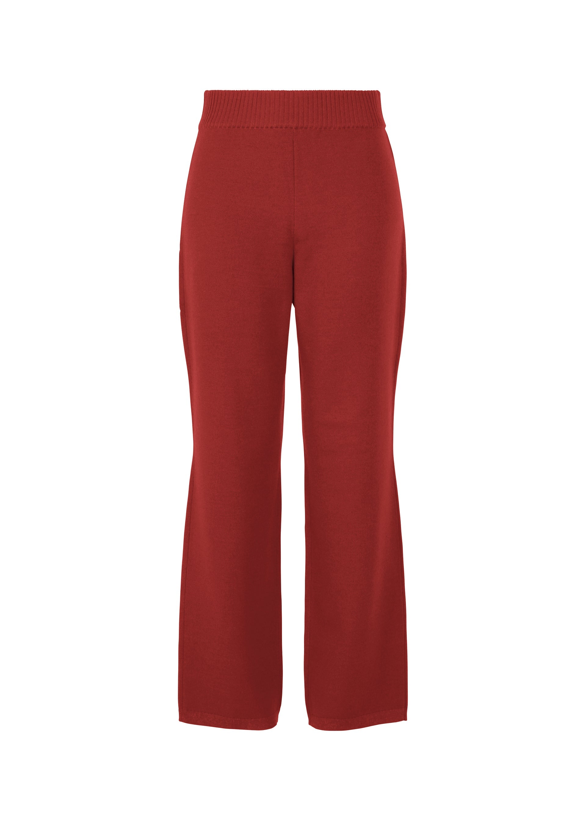 Zoomed view The HaaT 3D△ KNIT pants are high-waisted, straight-leg wool-blend knit bottoms in solid dark red, with an elastic waistband and a minimalist design. - CARMINE （no.27）