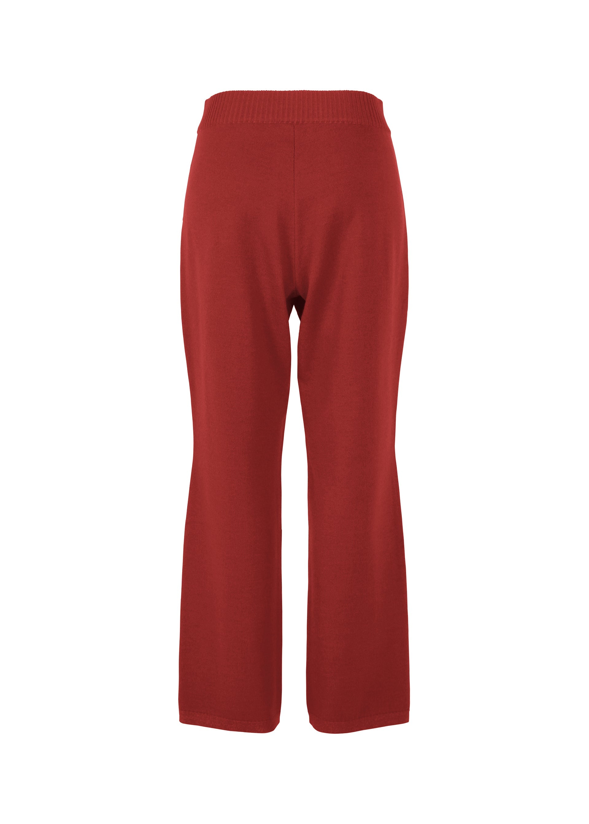 Zoomed view The HaaT 3D△ KNIT features high-waisted, wide-leg red wool-blend pants with an elastic waistband, shown against a plain white background.