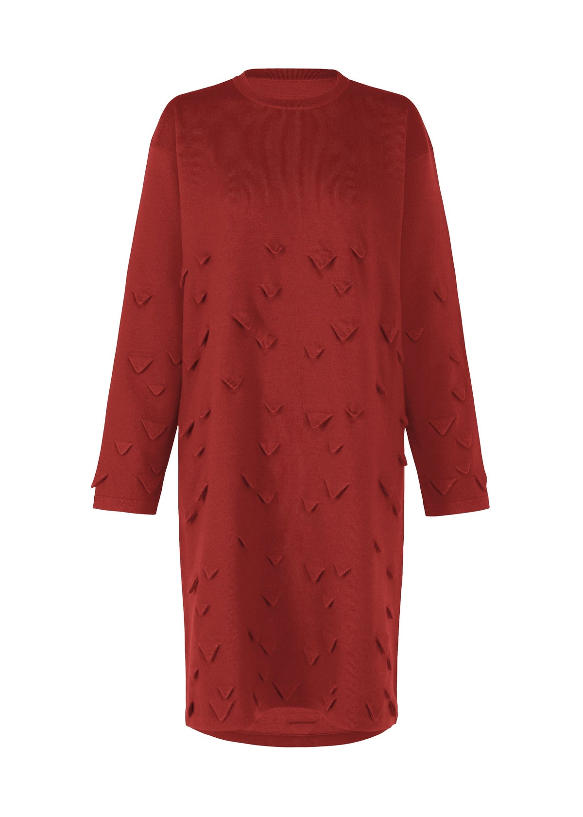 The HaaT 3D△ KNIT is a long-sleeved, knee-length red dress with a relaxed fit and embossed V-shaped patterns on a wool-blend fabric. view 2 of 9