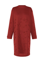 The HaaT 3D△ KNIT is a long-sleeved, knee-length red dress with a relaxed fit and embossed V-shaped patterns on a wool-blend fabric. - CARMINE （no.27）