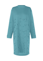 The HaaT 3D△ KNIT is a loose-fit, long-sleeved teal wool-blend dress featuring a round neckline and raised V-shaped textured patterns across the fabric. - CYAN （no.73）