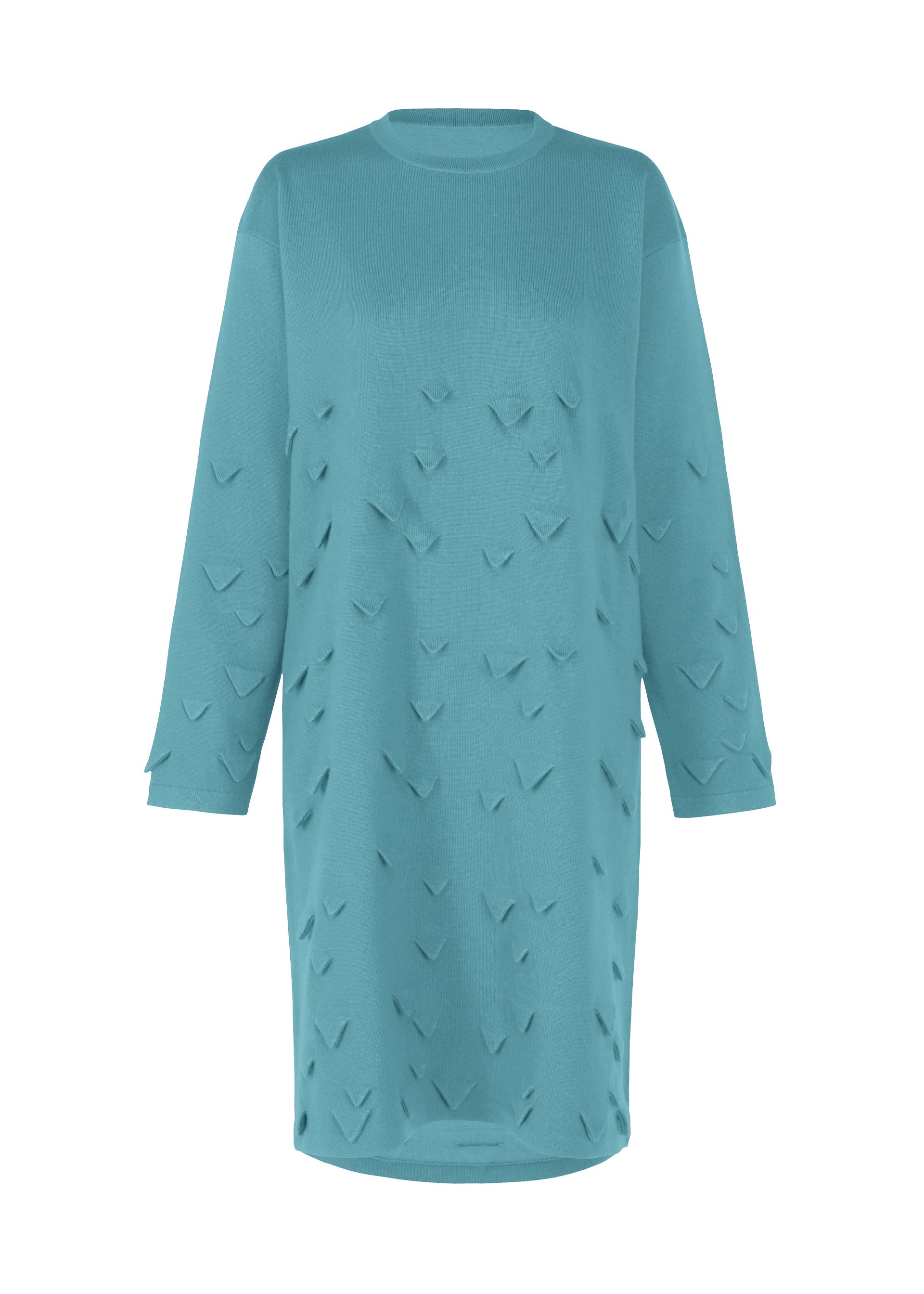 Zoomed view The HaaT 3D△ KNIT is a loose-fit, long-sleeved teal wool-blend dress featuring a round neckline and raised V-shaped textured patterns across the fabric. - CYAN （no.73）