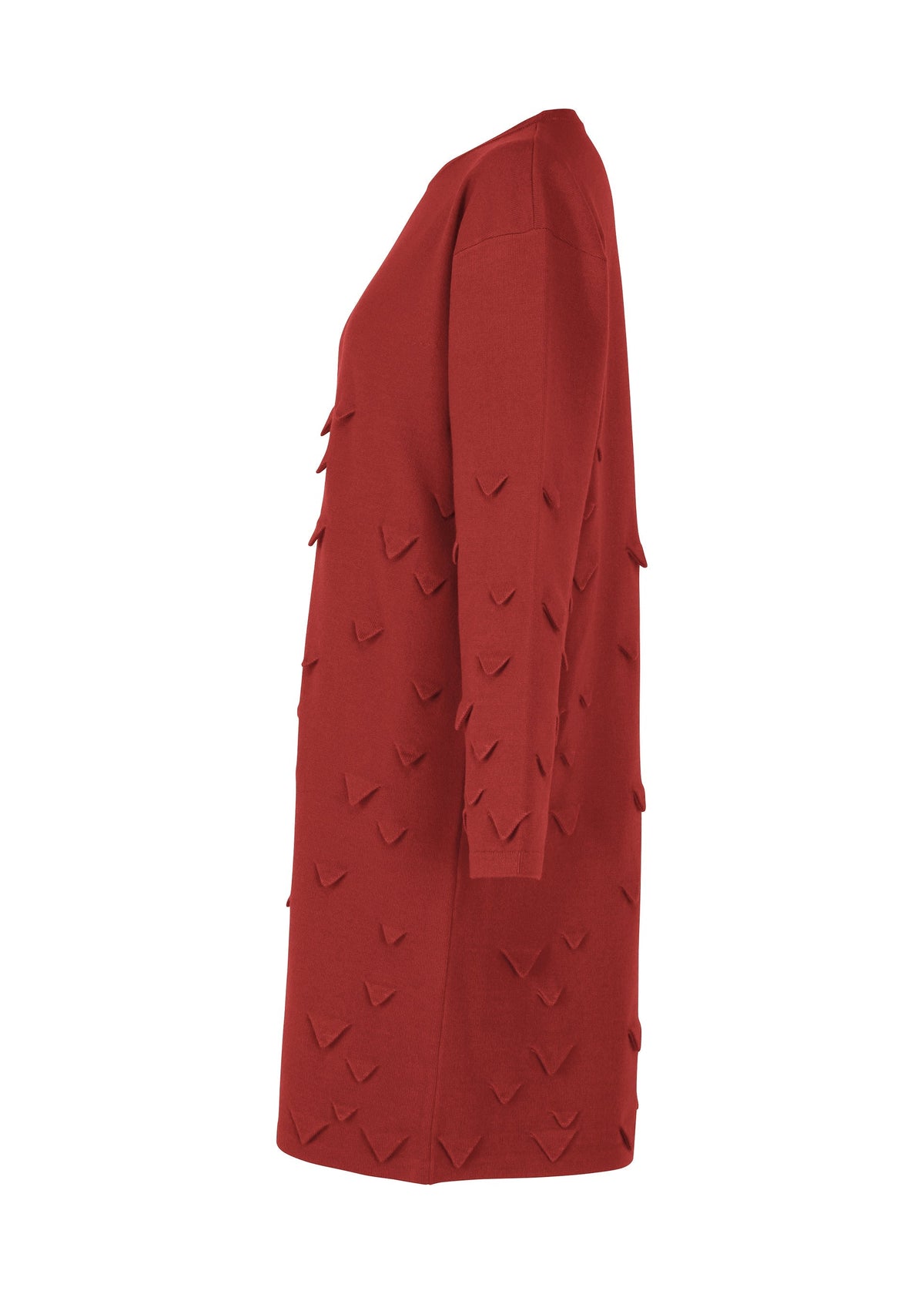 Side view of the HaaT 3D△ KNIT: a long-sleeved, knee-length red wool-blend dress featuring V-shaped 3D textures across the fabric, a straight cut, and no visible fastenings. view 5 of 9