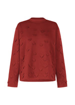 The HaaT 3D△ KNIT is a long-sleeved, loose-fit dark red sweater with a crew neck and raised V-shaped textures crafted from a wool blend. - CARMINE （no.27）