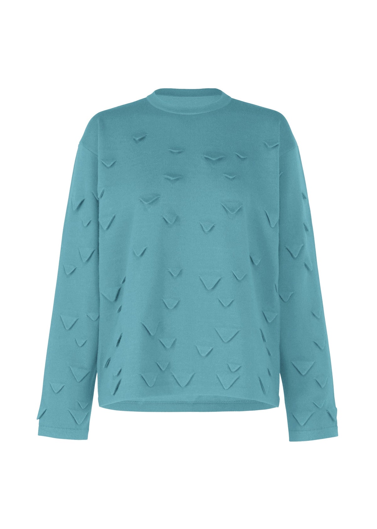 The 3D△ KNIT by HaaT is a teal long-sleeved wool-blend top with a crew neck, featuring an embossed pattern of small, raised V-shapes across the front, sleeves, and sides. view 3 of 9